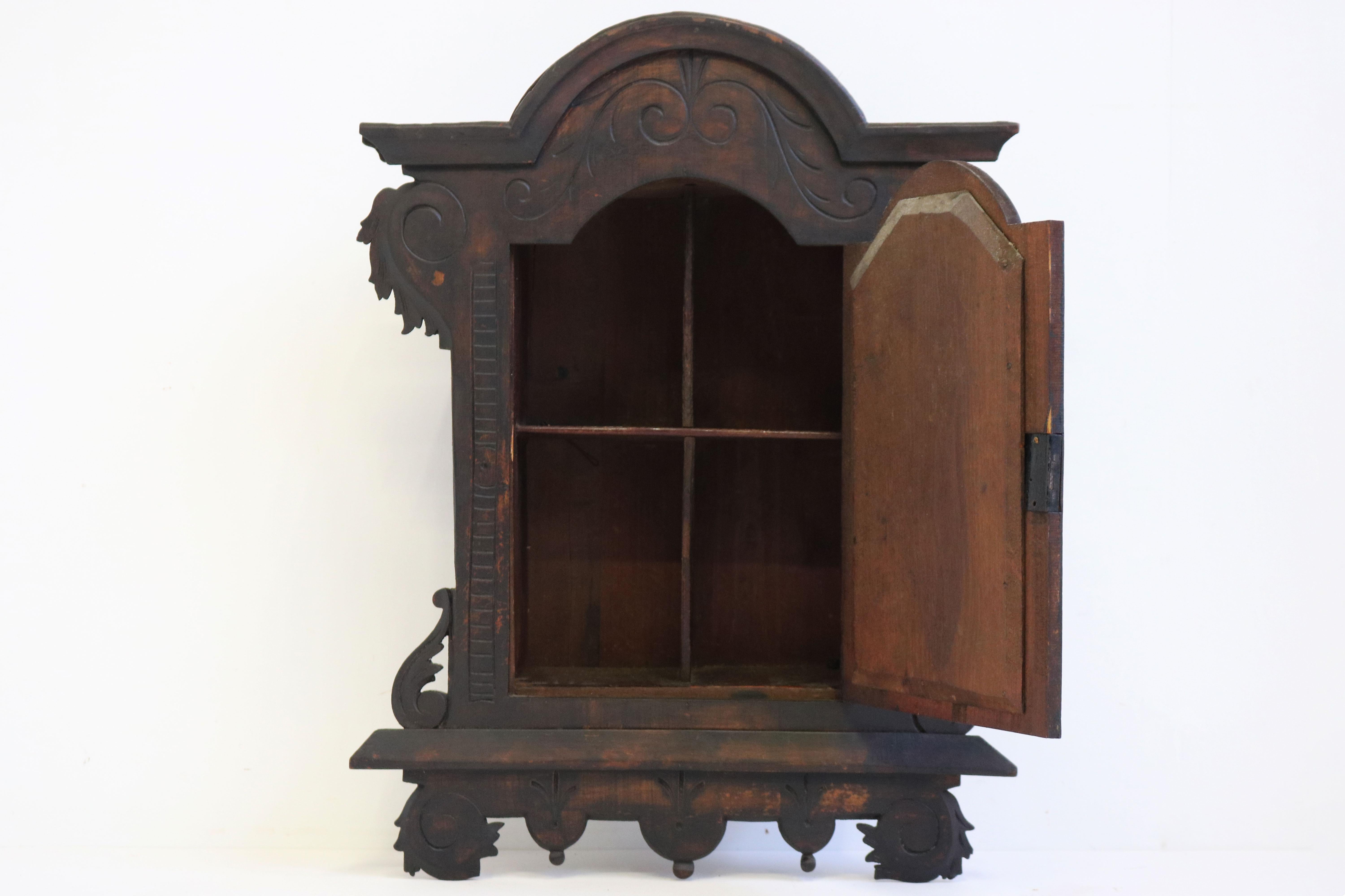 Spanish Colonial Antique 19th Century Spanish Wall Cabinet with Knight Dark Patina Classical  For Sale