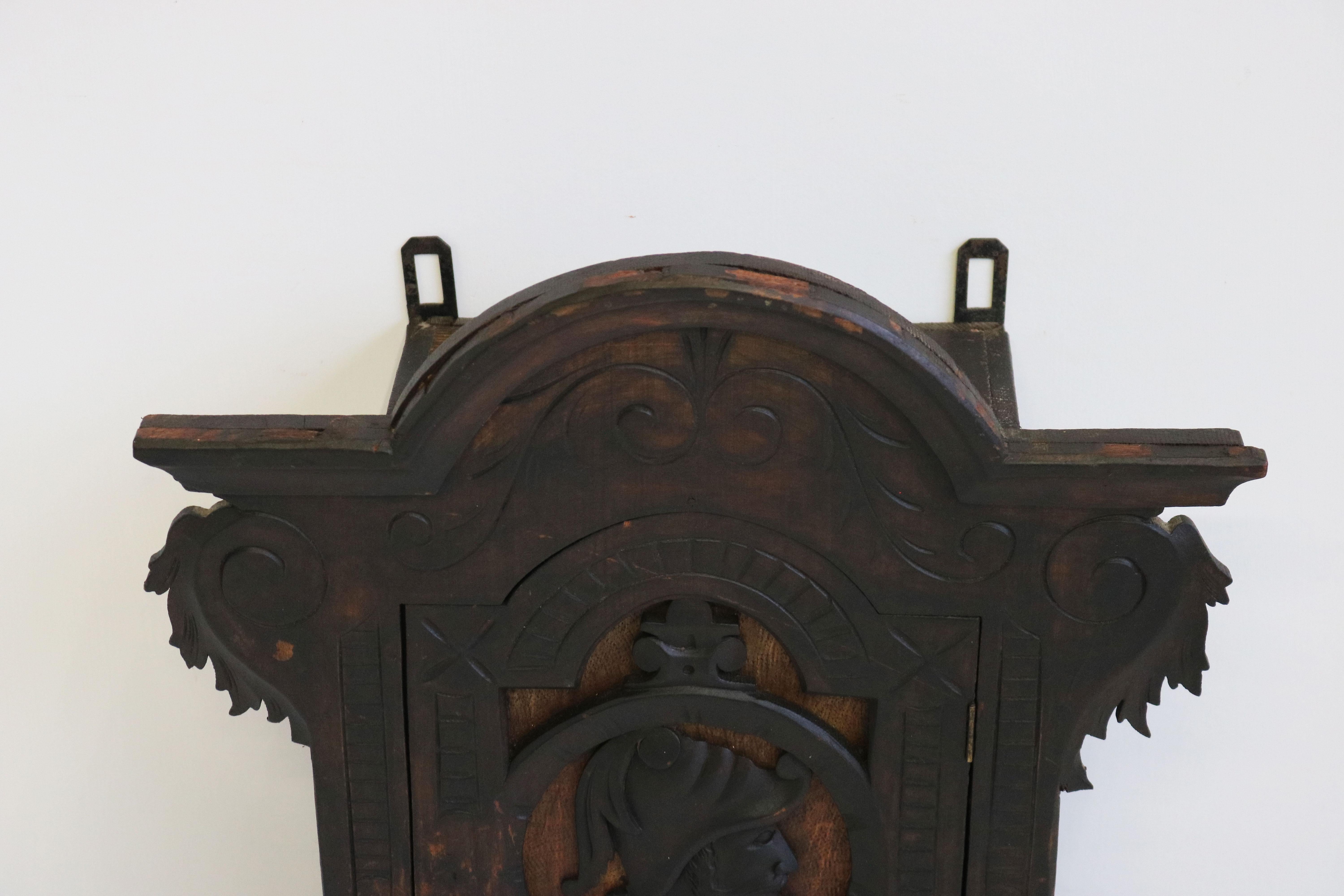 Hand-Carved Antique 19th Century Spanish Wall Cabinet with Knight Dark Patina Classical  For Sale