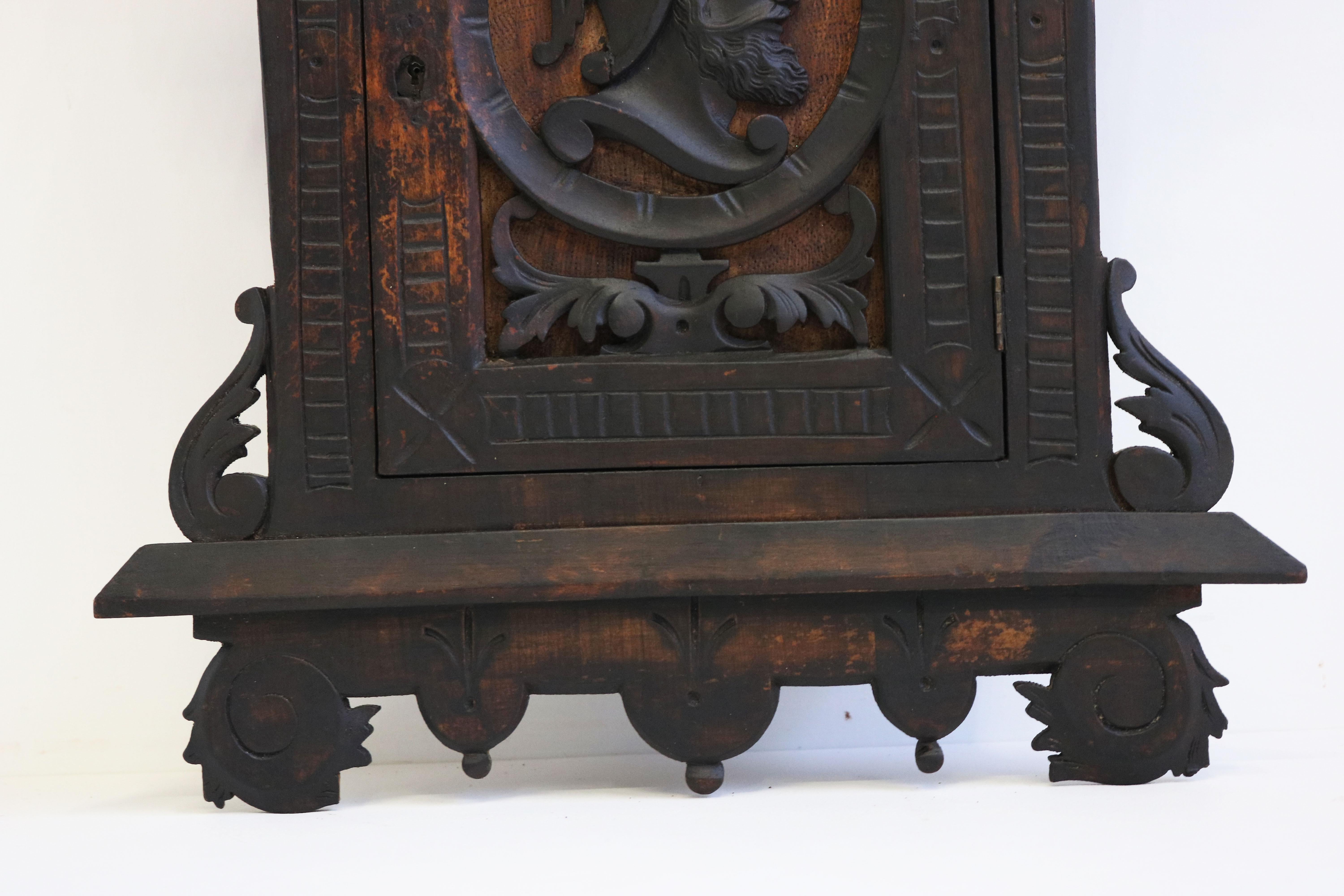 Wood Antique 19th Century Spanish Wall Cabinet with Knight Dark Patina Classical  For Sale