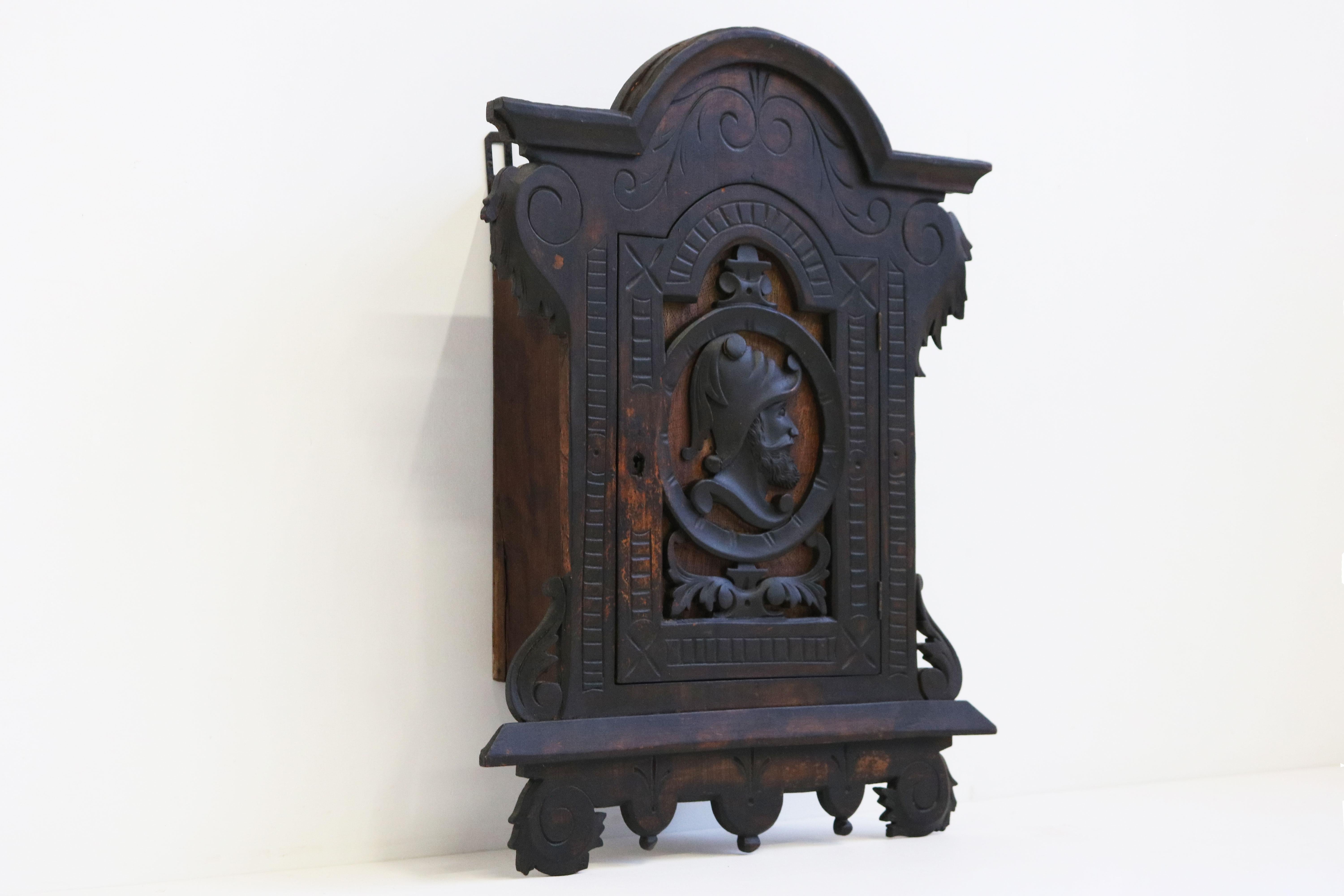 Antique 19th Century Spanish Wall Cabinet with Knight Dark Patina Classical  For Sale 1
