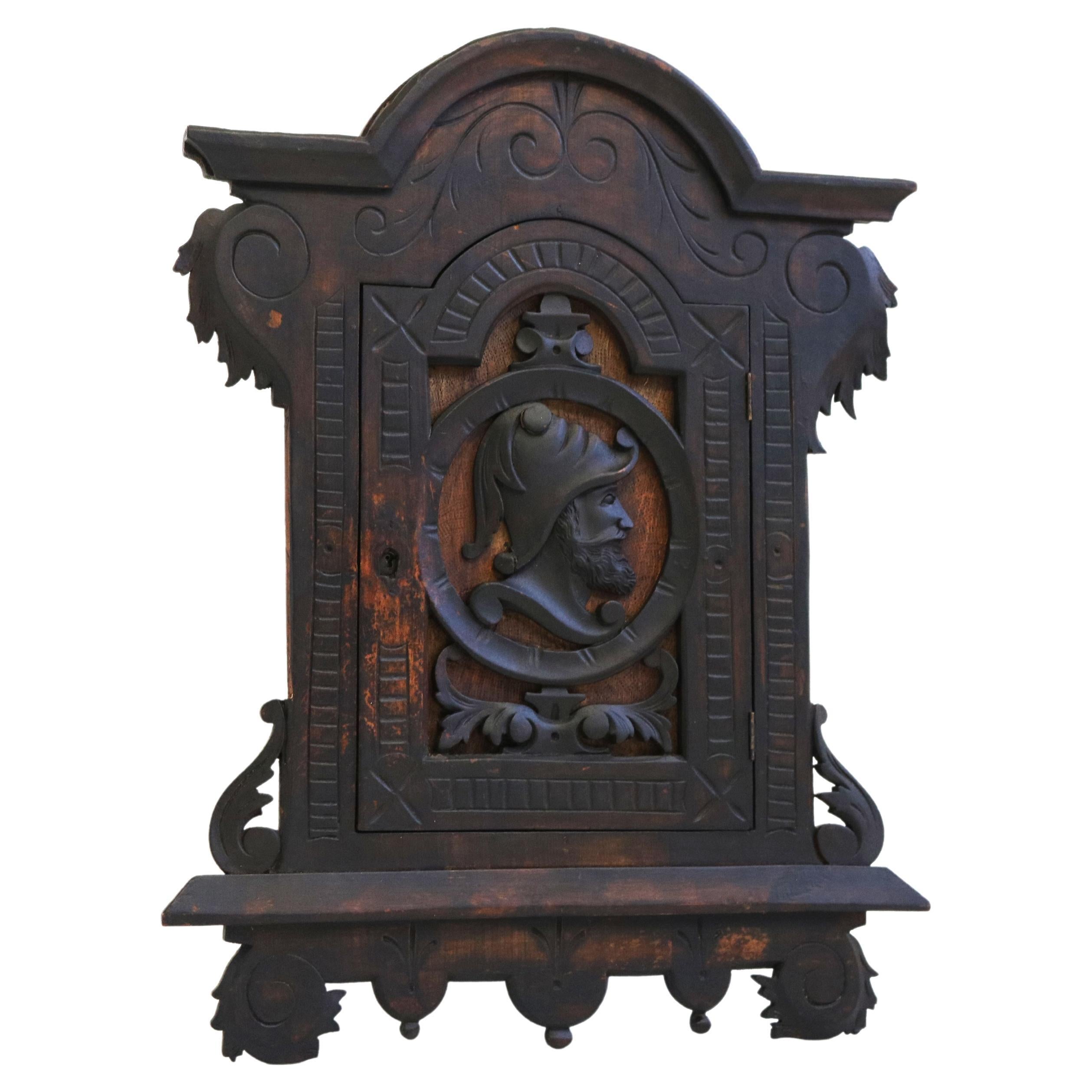 Antique 19th Century Spanish Wall Cabinet with Knight Dark Patina Classical  For Sale