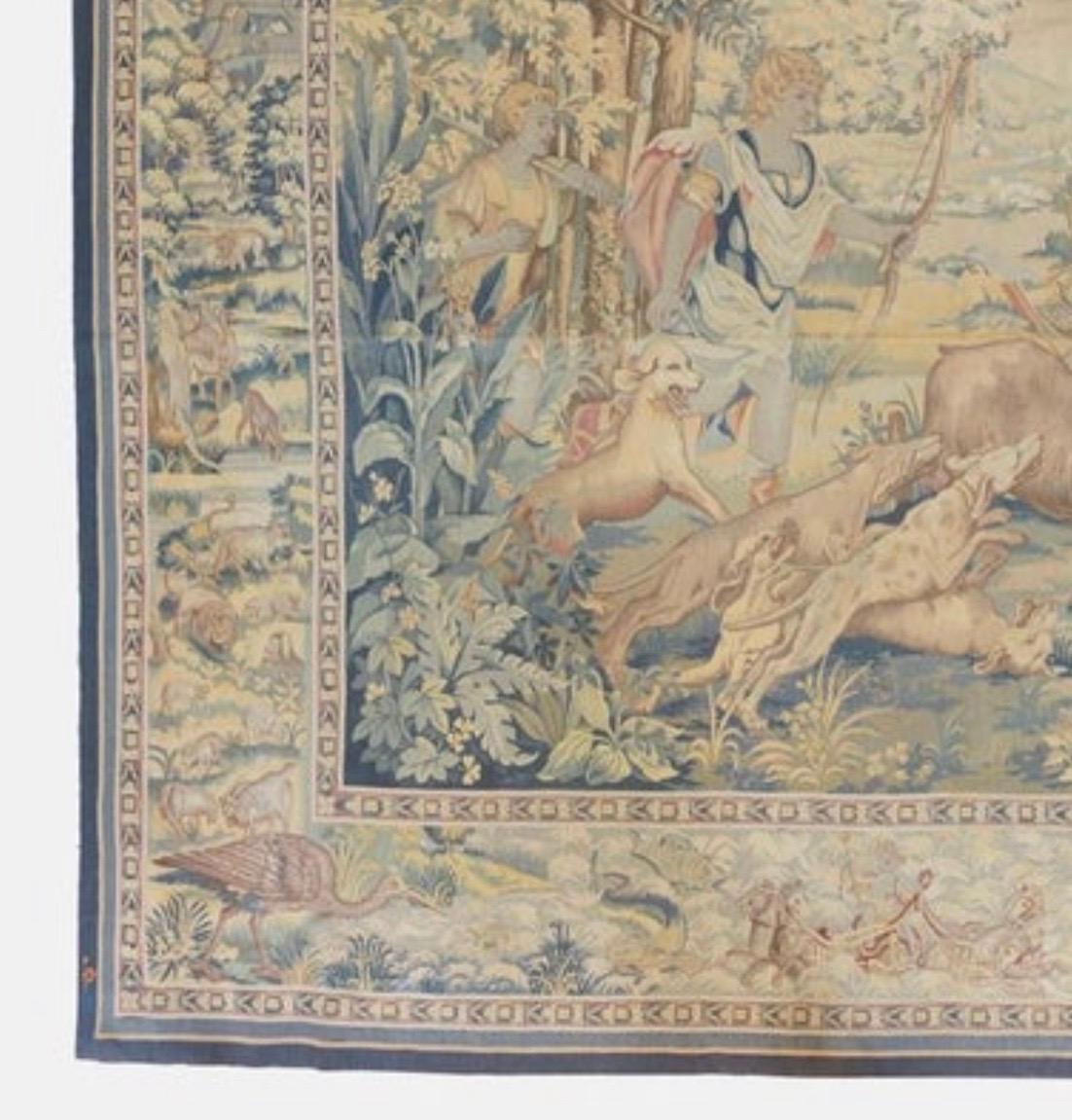 Antique 19th Century Square French Aubusson Hunting Tapestry In Good Condition For Sale In New York, NY