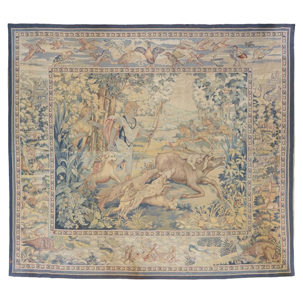 Antique 19th Century Square French Aubusson Hunting Tapestry