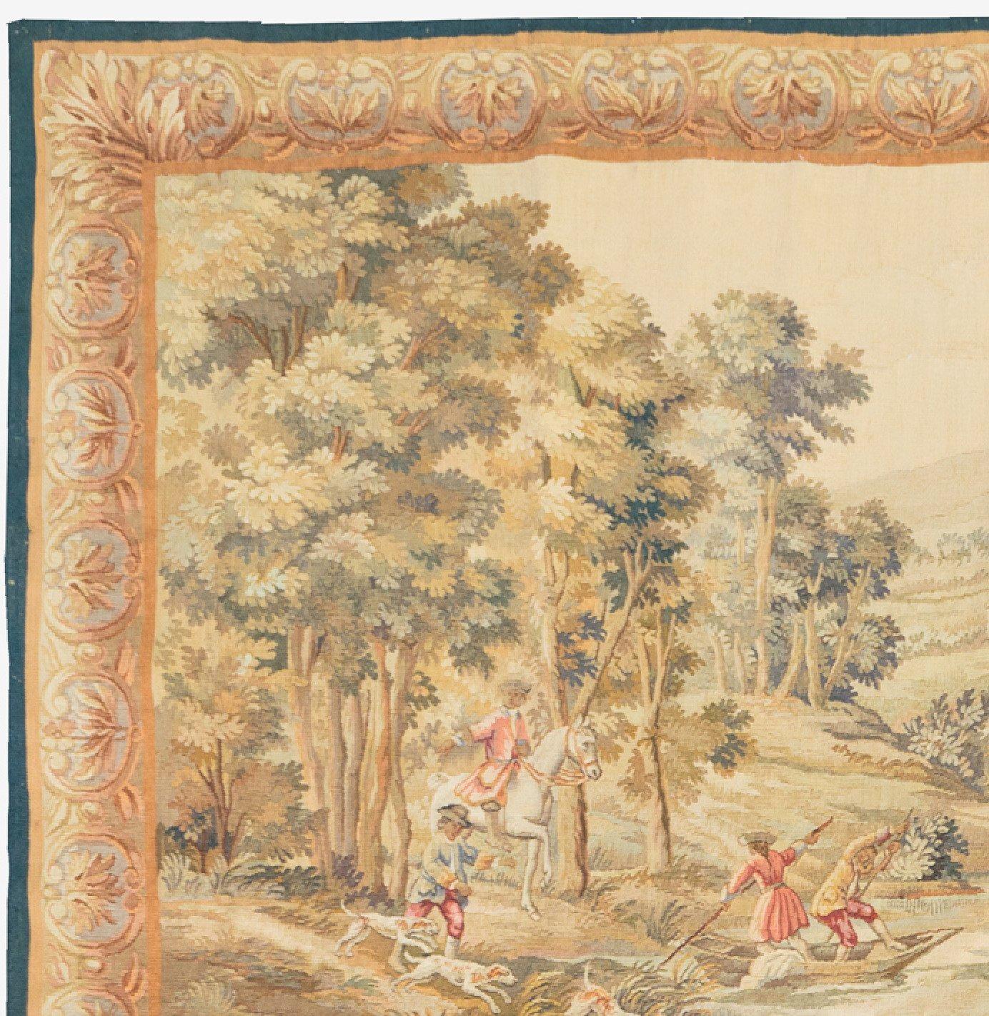 Antique 19th Century Square French Aubusson Hunting Tapestry Signed 'Aubusson' In Good Condition For Sale In New York, NY
