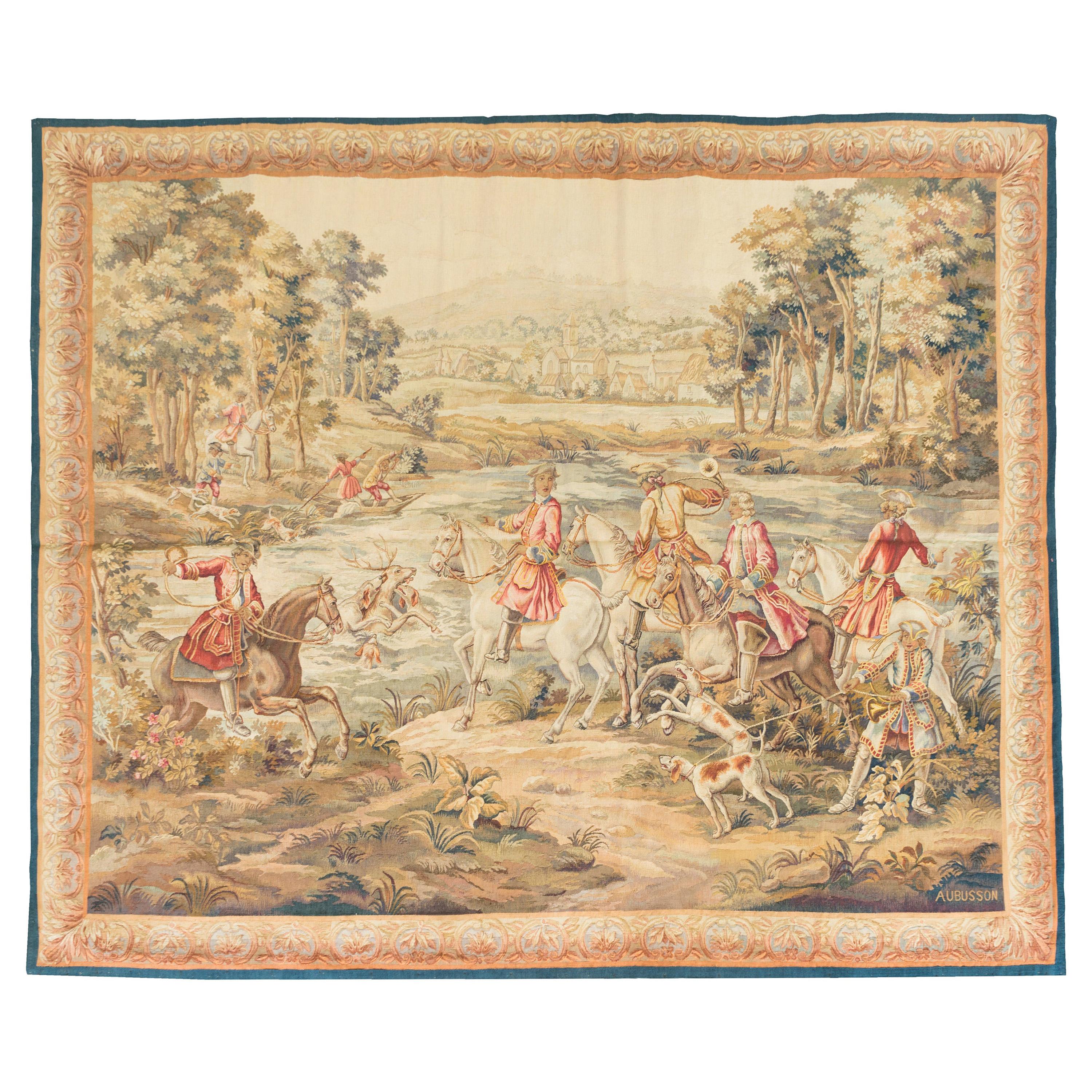 Antique 19th Century Square French Aubusson Hunting Tapestry Signed 'Aubusson'
