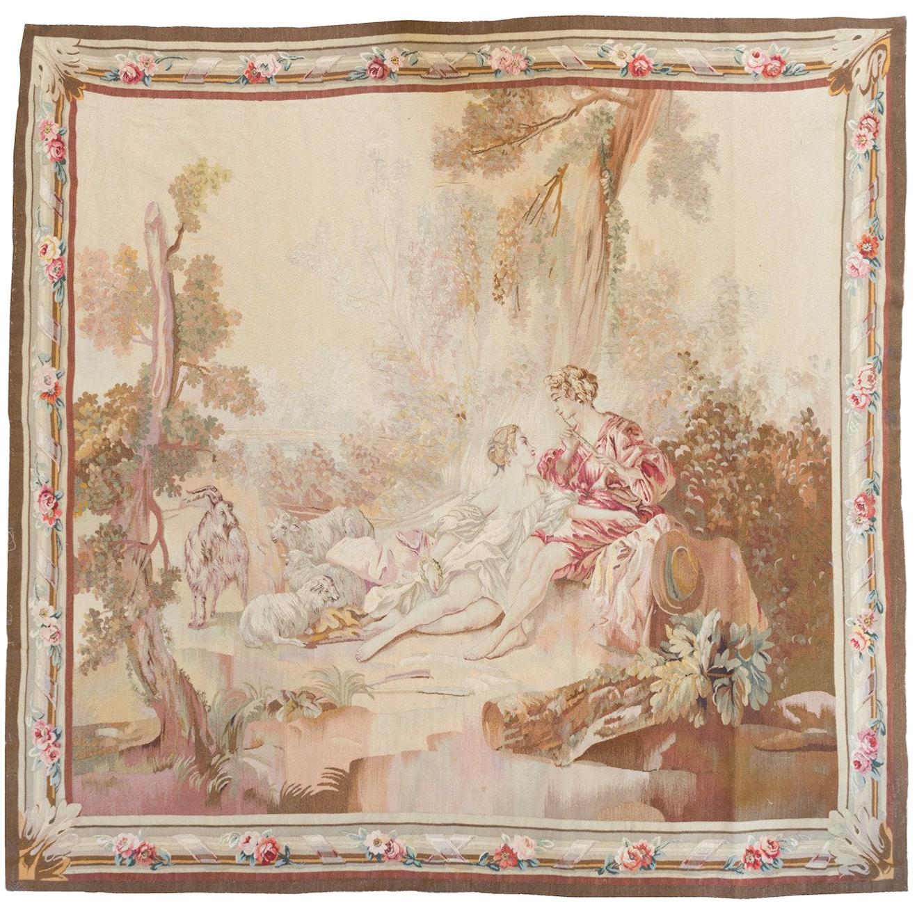 Antique 19th Century Square French Aubusson Tapestry with Lovers