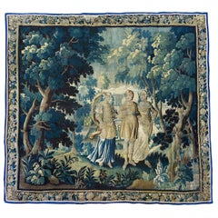 Antique 17th Century Square Green Floral Flemish Verdure Tapestry with Nobility
