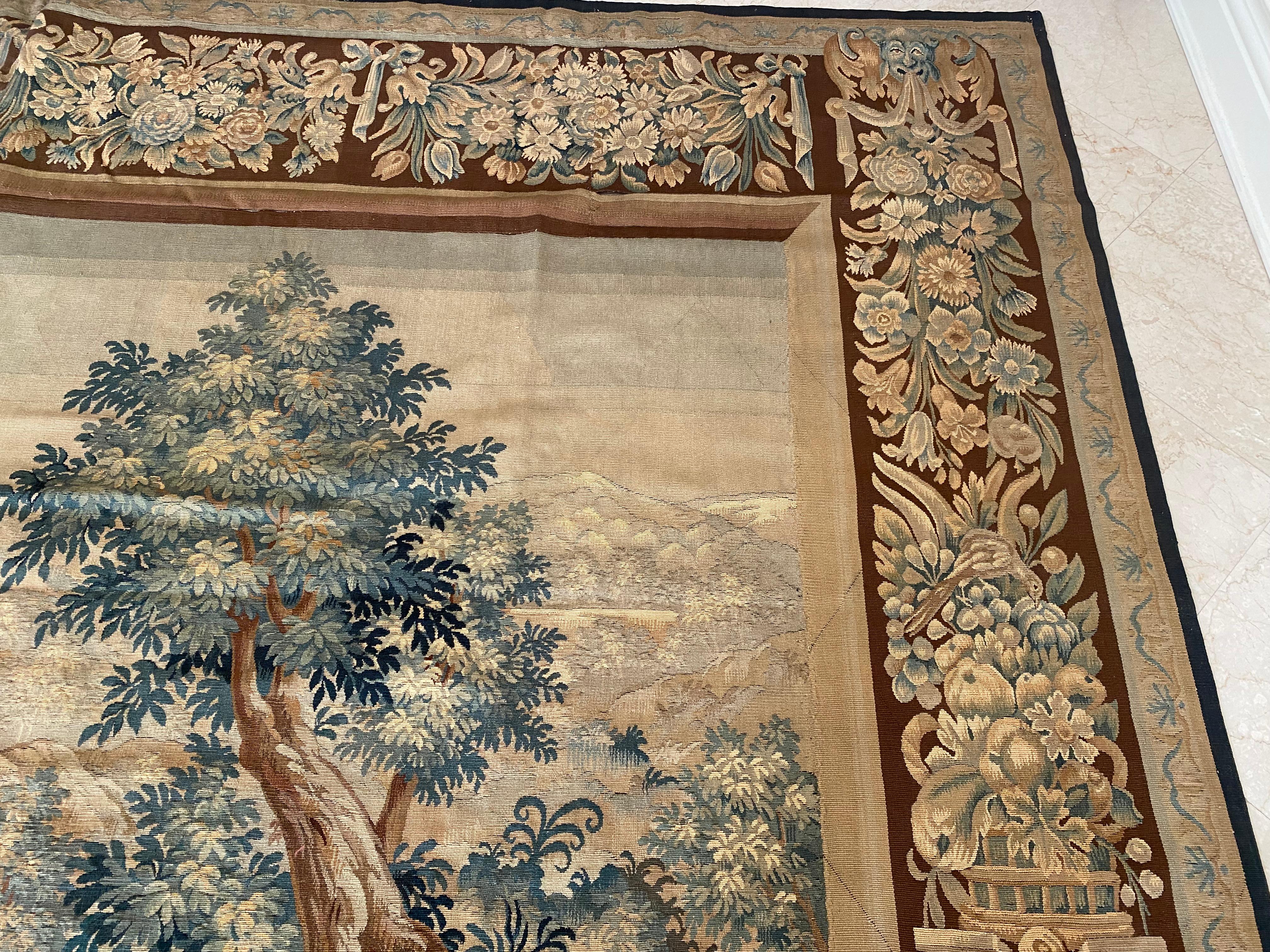 Aubusson Antique 19th Century Square Green Floral French Verdure Tapestry For Sale