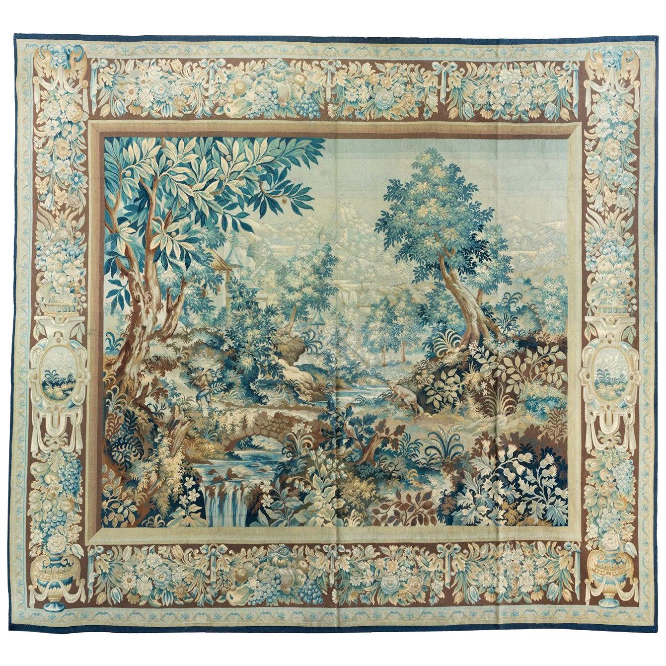 Antique 19th Century Square Green Floral French Verdure Tapestry