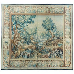 Antique 19th Century Square Green Floral French Verdure Tapestry