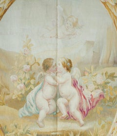 Antique 19th Century Square Ornate Floral French Aubusson Tapestry with Cupid