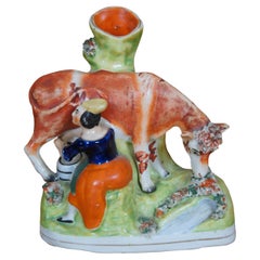 Antique 19th Century Staffordshire Porcelain Cow Milk Maid Spill Vase 7"