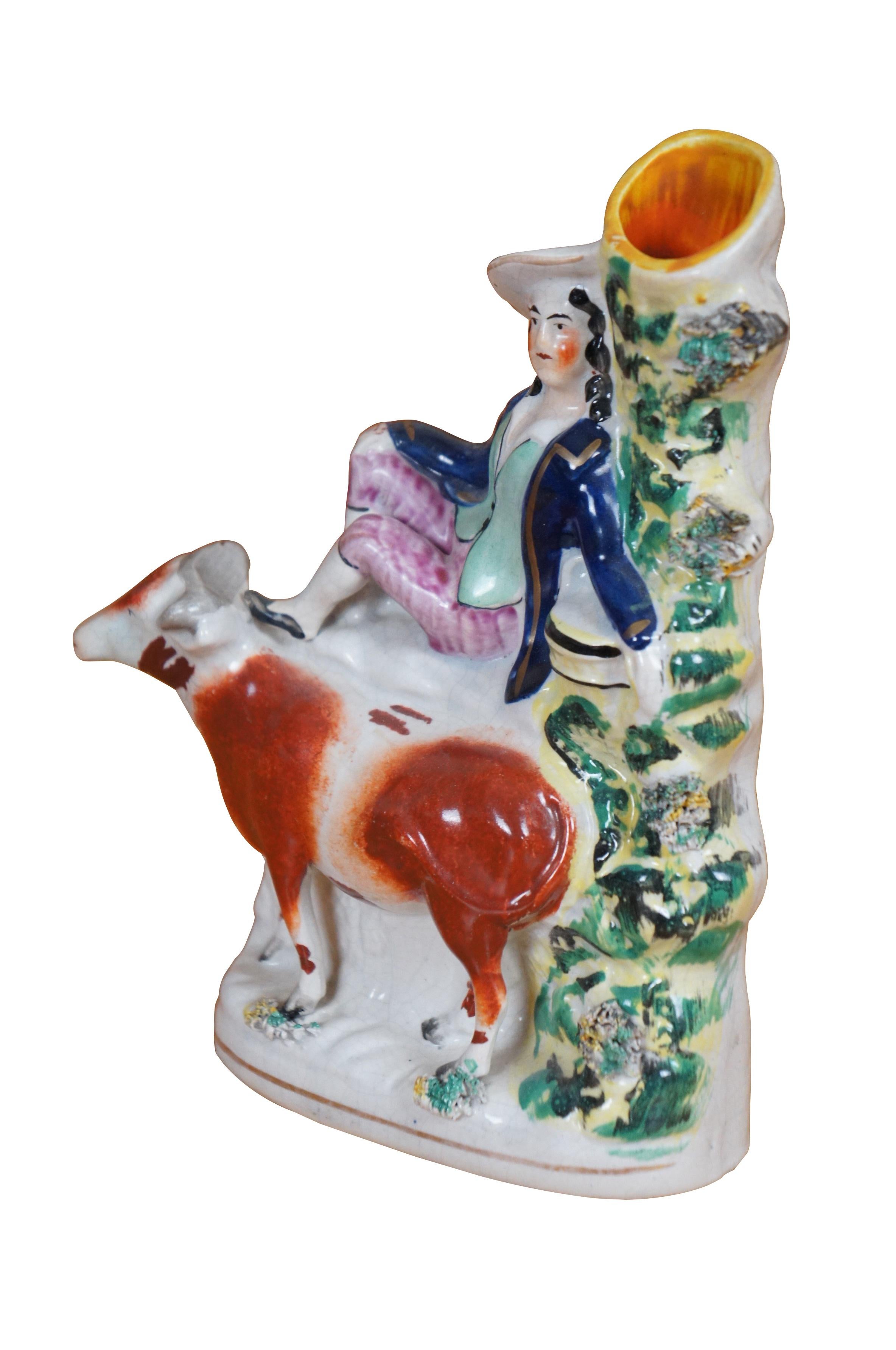 Victorian Antique 19th Century Staffordshire Porcelain Cow Shepherd Spill Vase 8