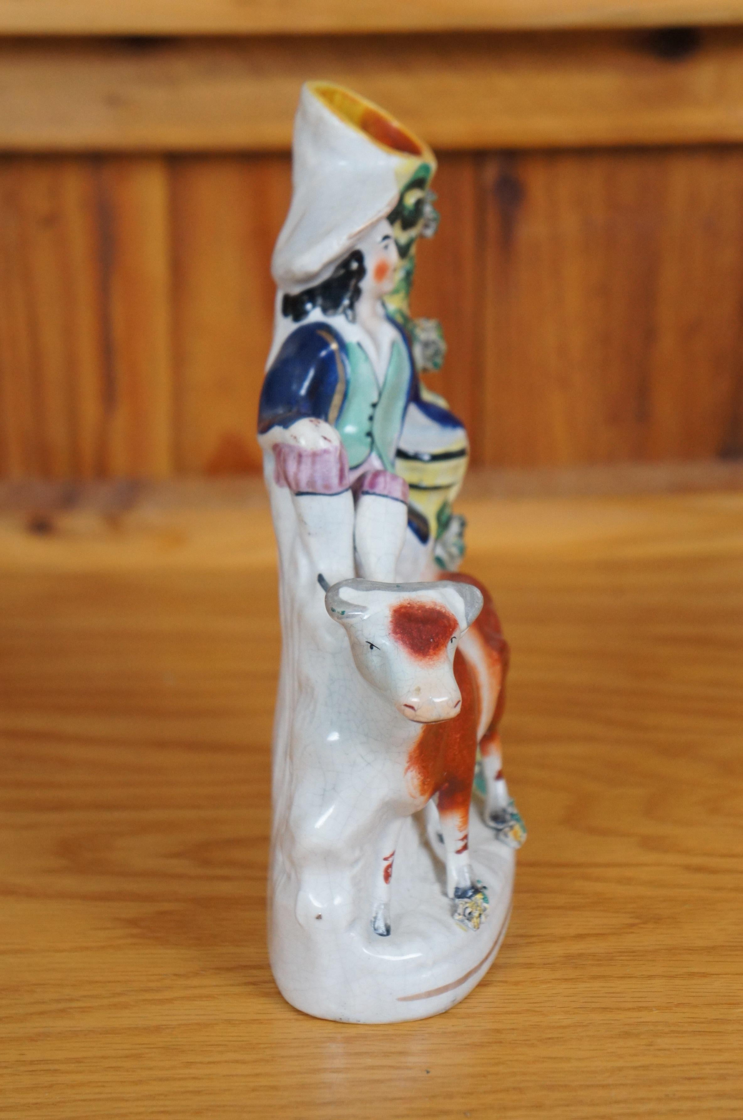 Antique 19th Century Staffordshire Porcelain Cow Shepherd Spill Vase 8