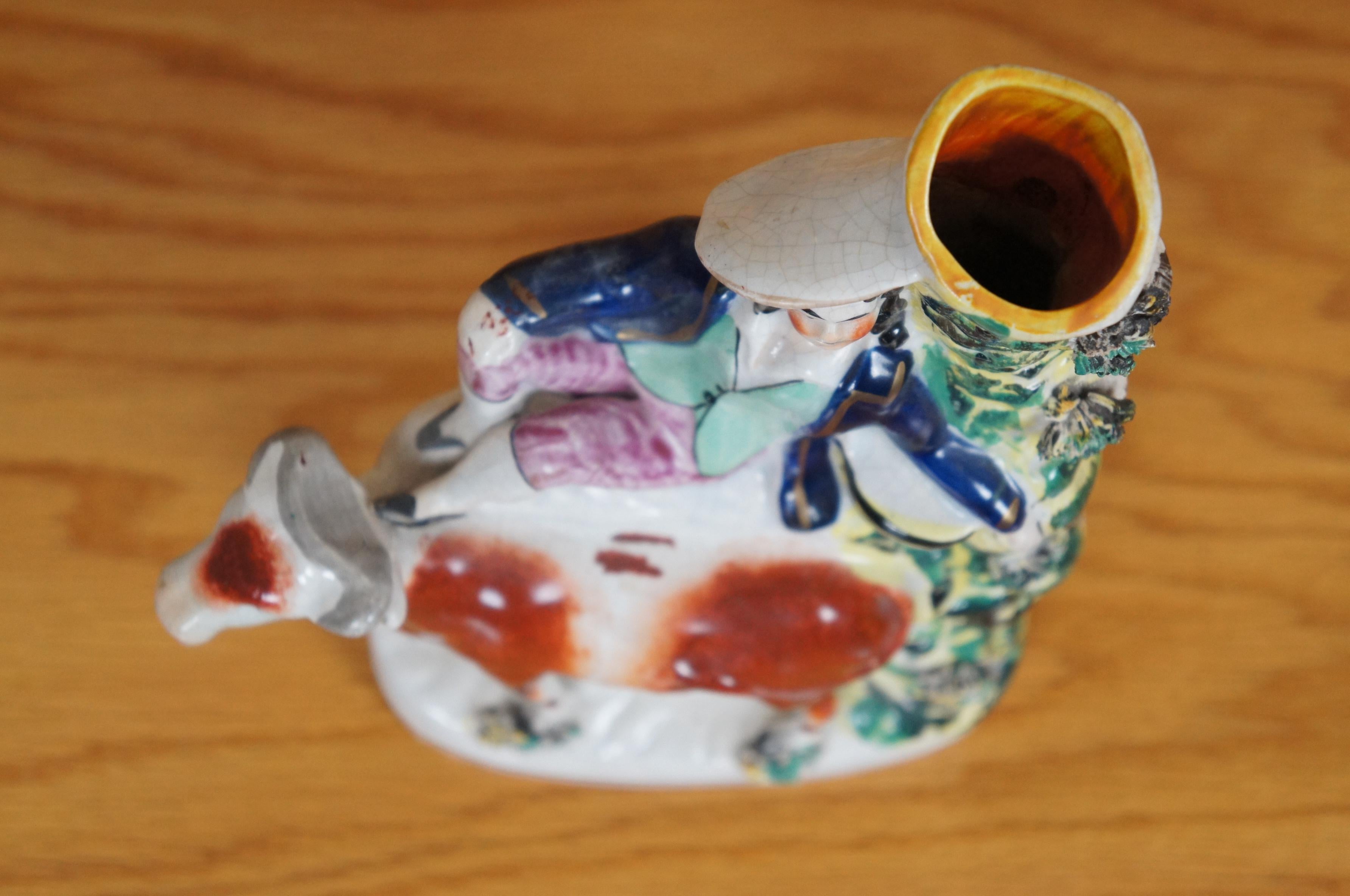 Antique 19th Century Staffordshire Porcelain Cow Shepherd Spill Vase 8