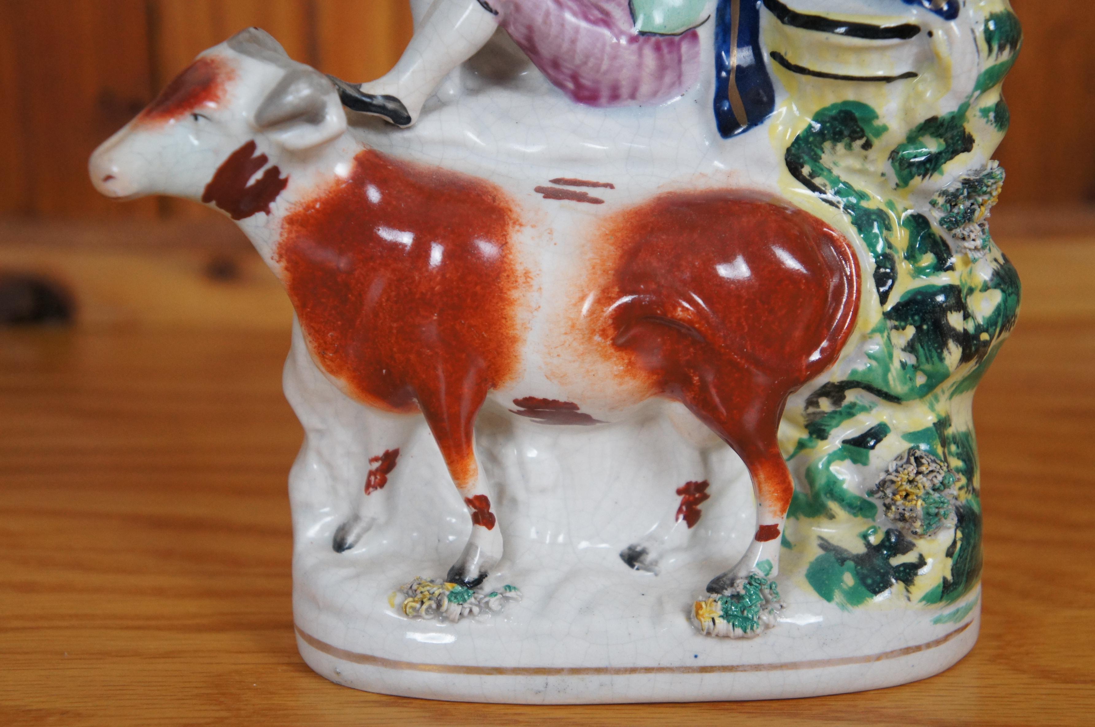 Antique 19th Century Staffordshire Porcelain Cow Shepherd Spill Vase 8