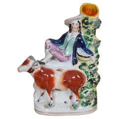 Antique 19th Century Staffordshire Porcelain Cow Shepherd Spill Vase 8"