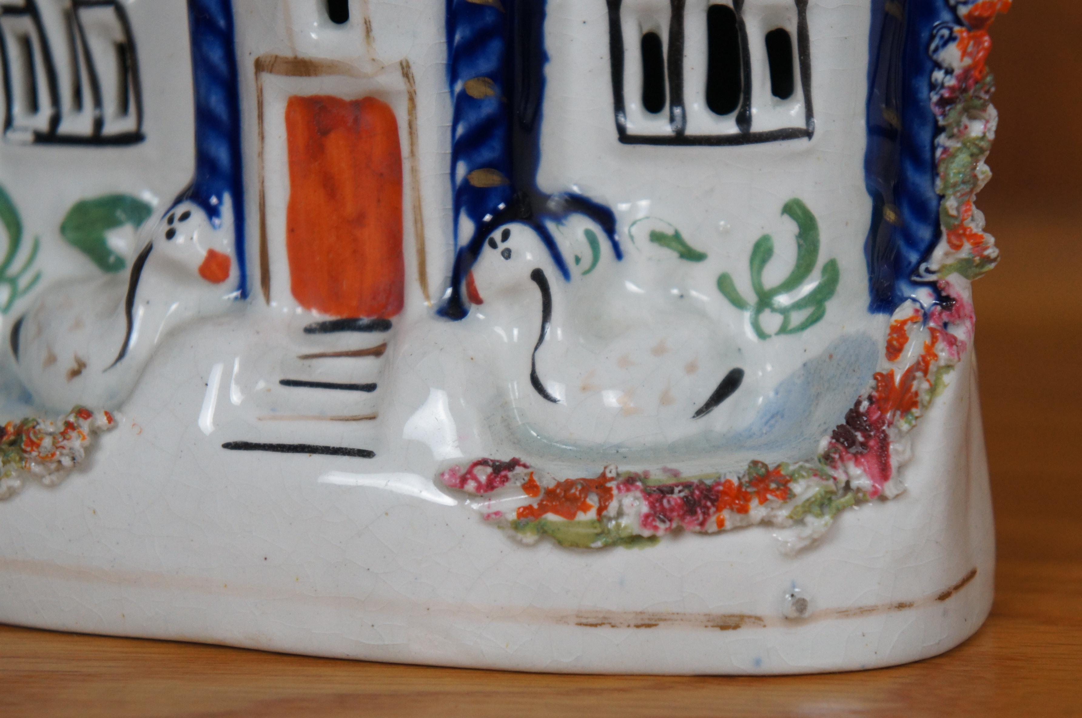 Antique 19th Century Staffordshire Porcelain Swan Manor House Figurine 8