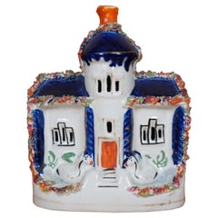 Antique 19th Century Staffordshire Porcelain Swan Manor House Figurine 8"