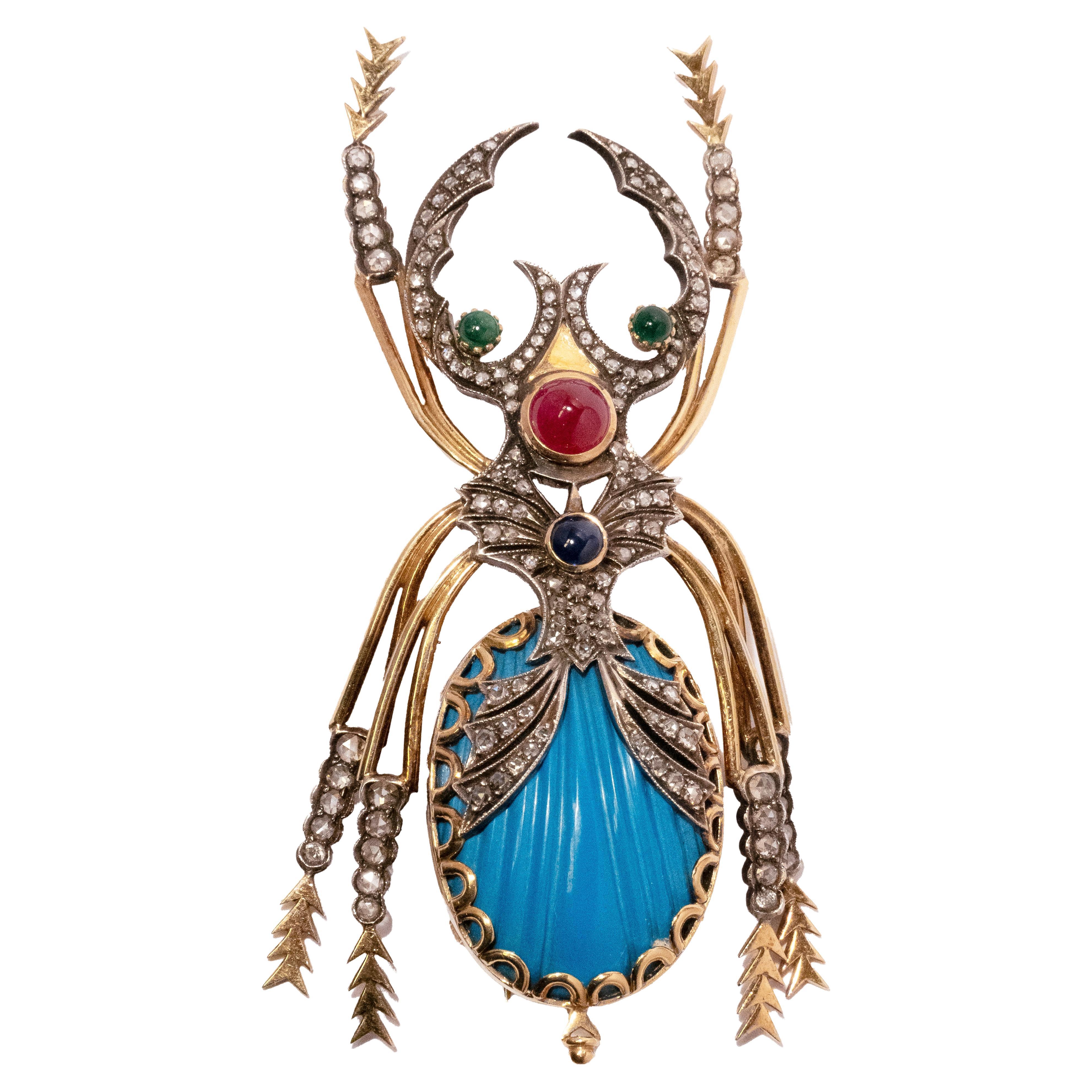 Antique 19th-century Stag-beetle Brooch with Diamonds and Gem stones For Sale