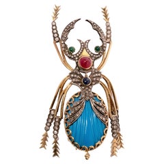Antique 19th-century Stag-beetle Brooch with Diamonds and Gem stones