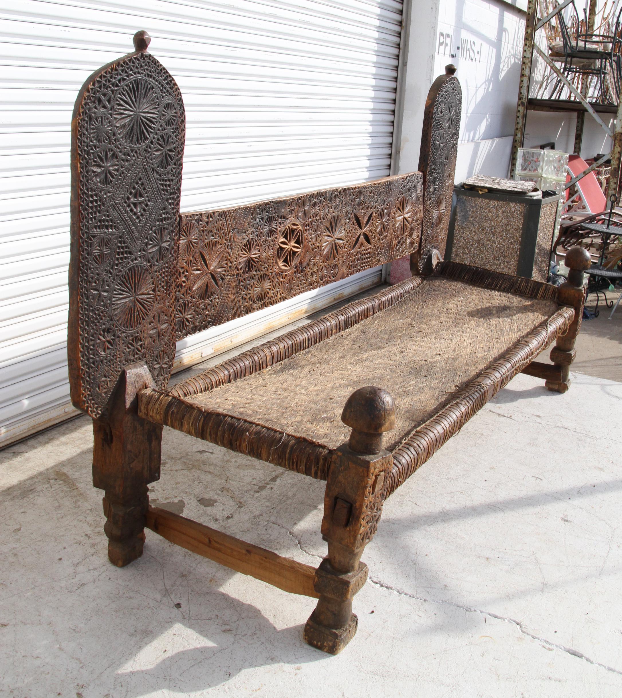 Carved  Antique 19th Century Swat Valley Charpoi Bench For Sale