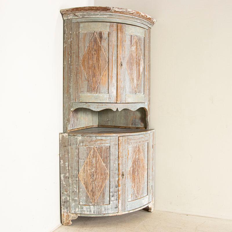 Wood Antique 19th Century Swedish Gustavian Original Gray Painted Corner Cabinet