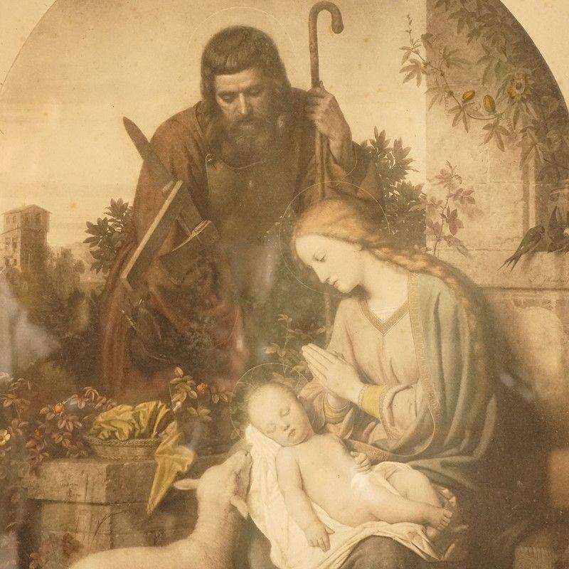 Antique Framed Religious Print

A Swedish production after the original 1868 painting by Franz Ittenbach (1813-1879).

Depicting Mary and Joseph tending to baby Jesus in an Arcadian landscape with a lamb.

Late 19th Century in date.

Framed and