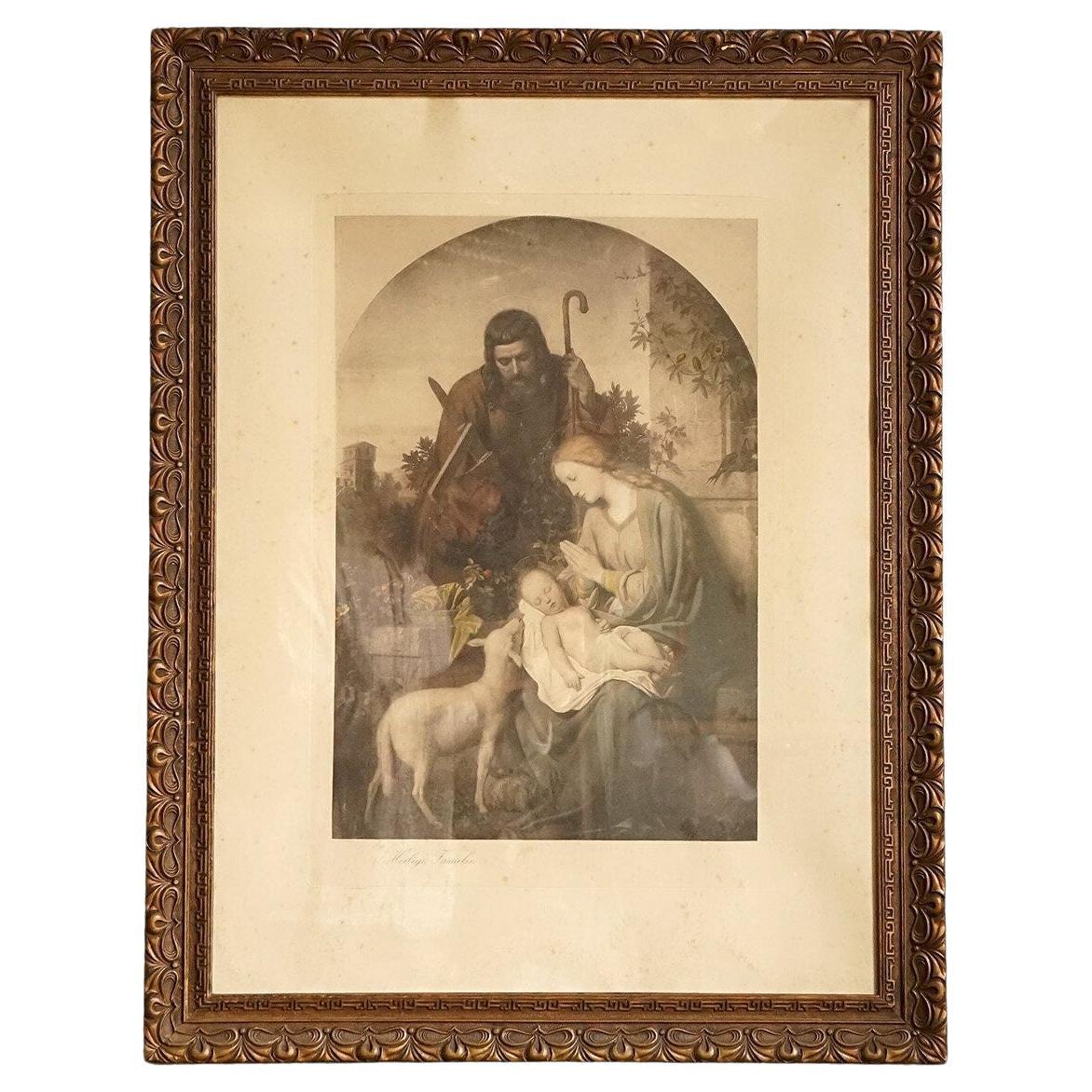 Antique Religious Print 'The Holy Family', Swedish Hand Coloured Etching, 1890 For Sale