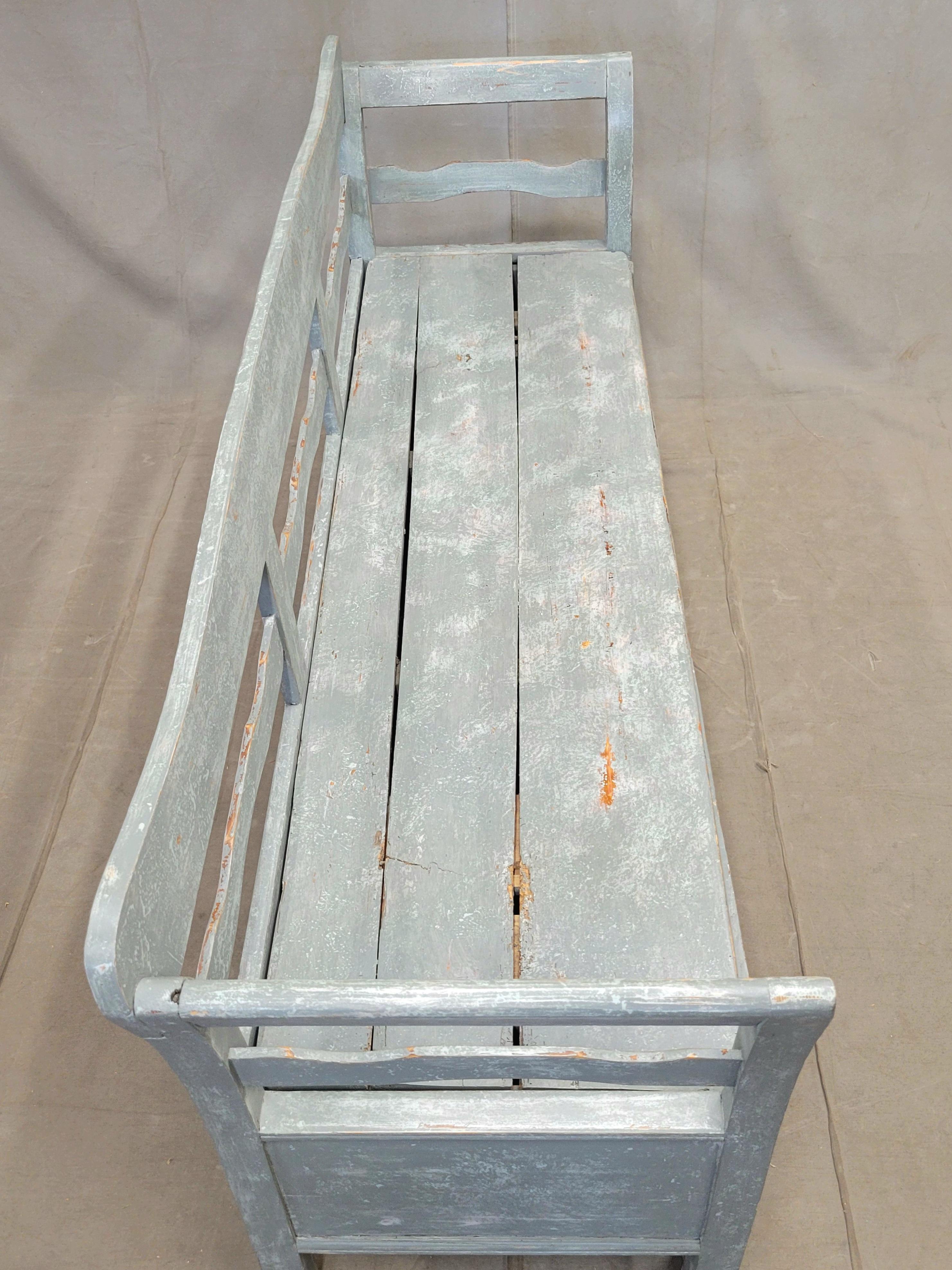 Antique 19th Century Swedish Storage Bench with Blue/Gray Paint and Linen Cushio For Sale 7