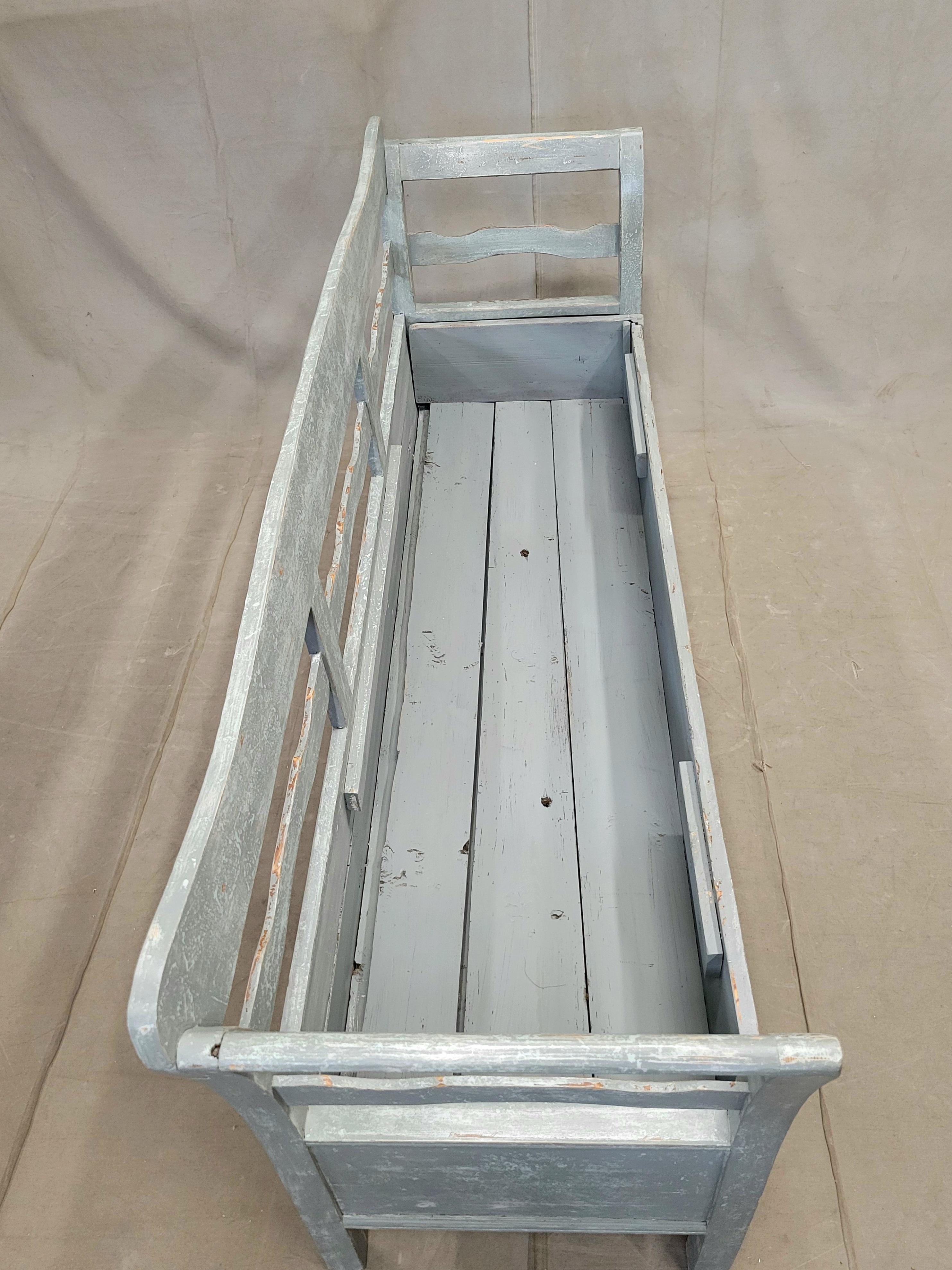 Antique 19th Century Swedish Storage Bench with Blue/Gray Paint and Linen Cushio For Sale 8
