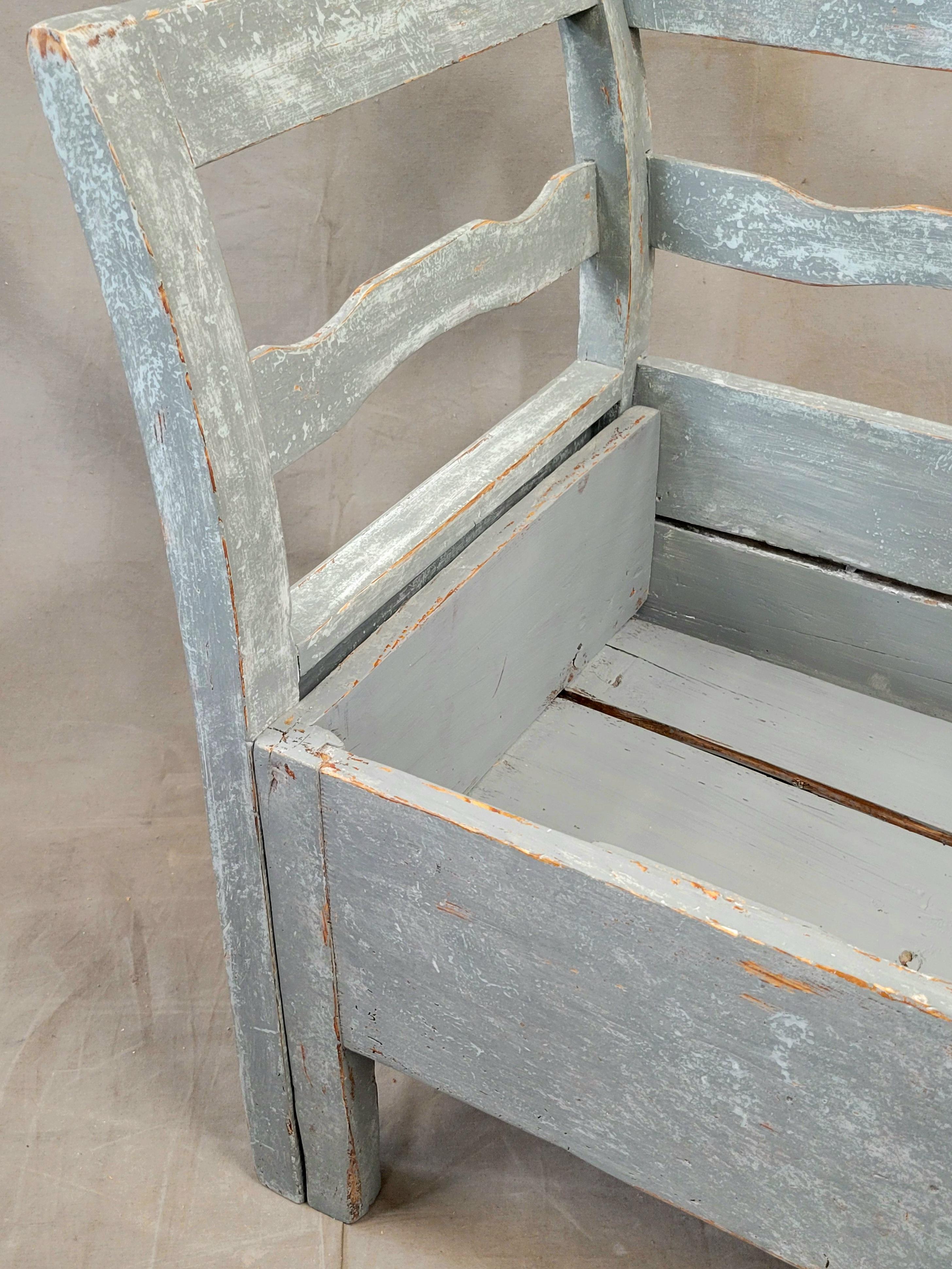 Antique 19th Century Swedish Storage Bench with Blue/Gray Paint and Linen Cushio For Sale 9