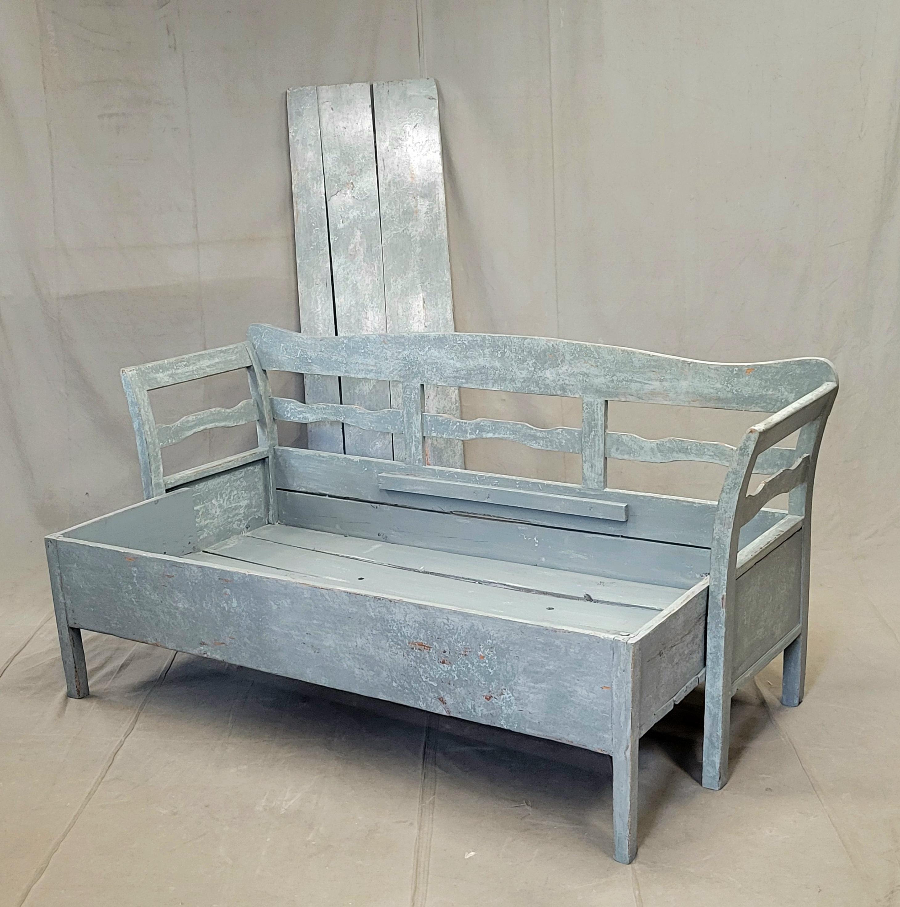 Hand-Crafted Antique 19th Century Swedish Storage Bench with Blue/Gray Paint and Linen Cushio For Sale