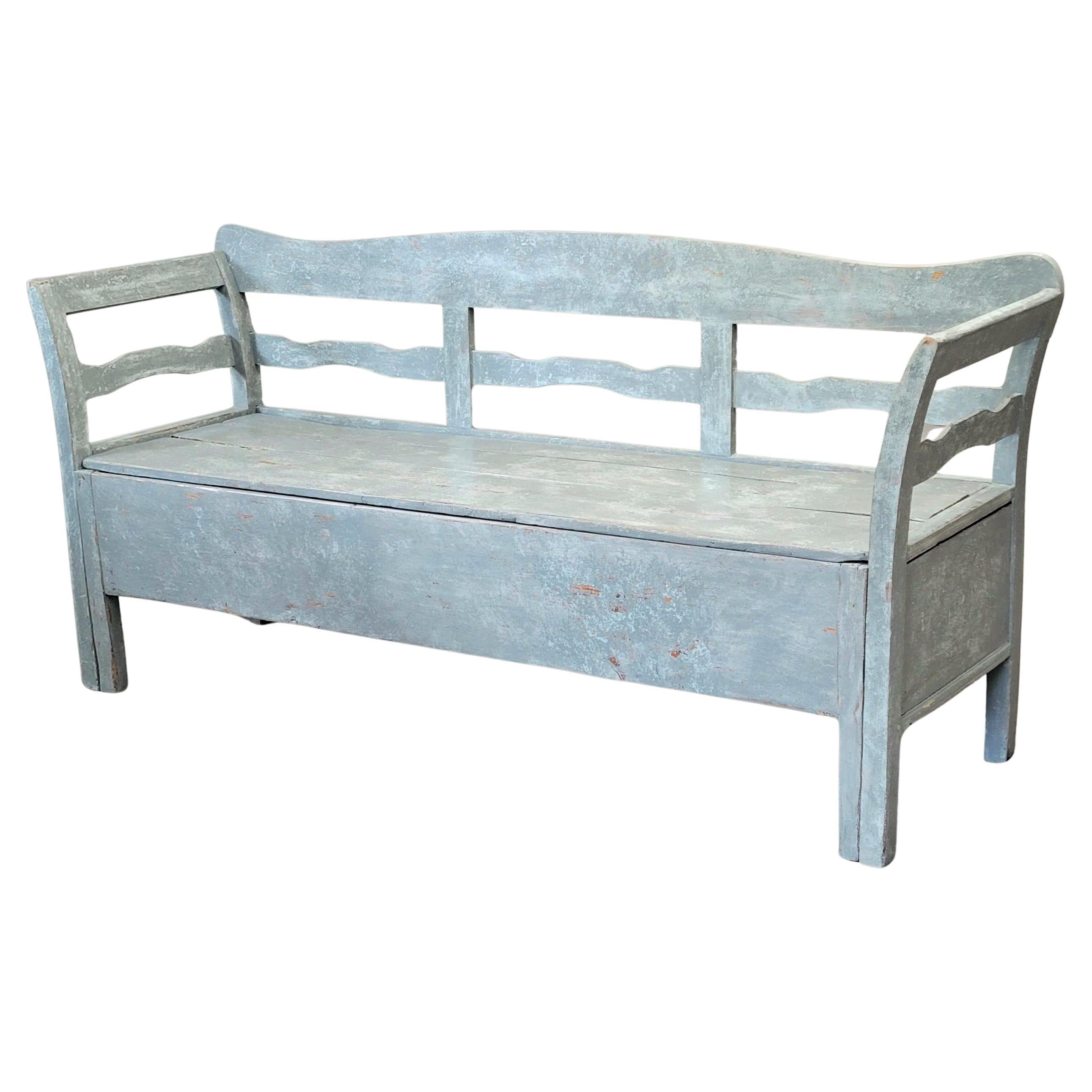 Antique 19th Century Swedish Storage Bench with Blue/Gray Paint and Linen Cushio