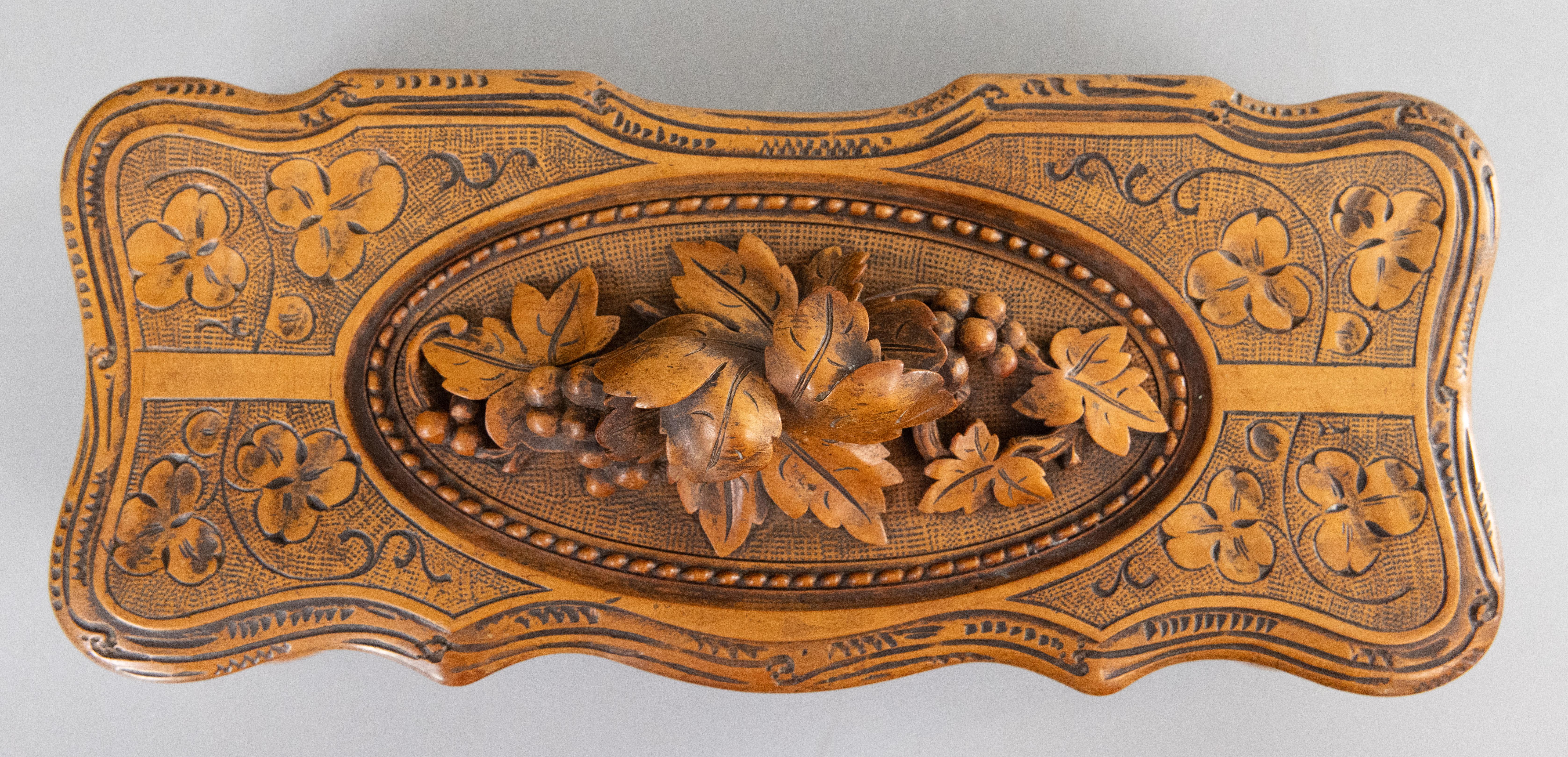 Hand-Carved Antique 19th Century Swiss Black Forest Carved Box, Lock & Key For Sale