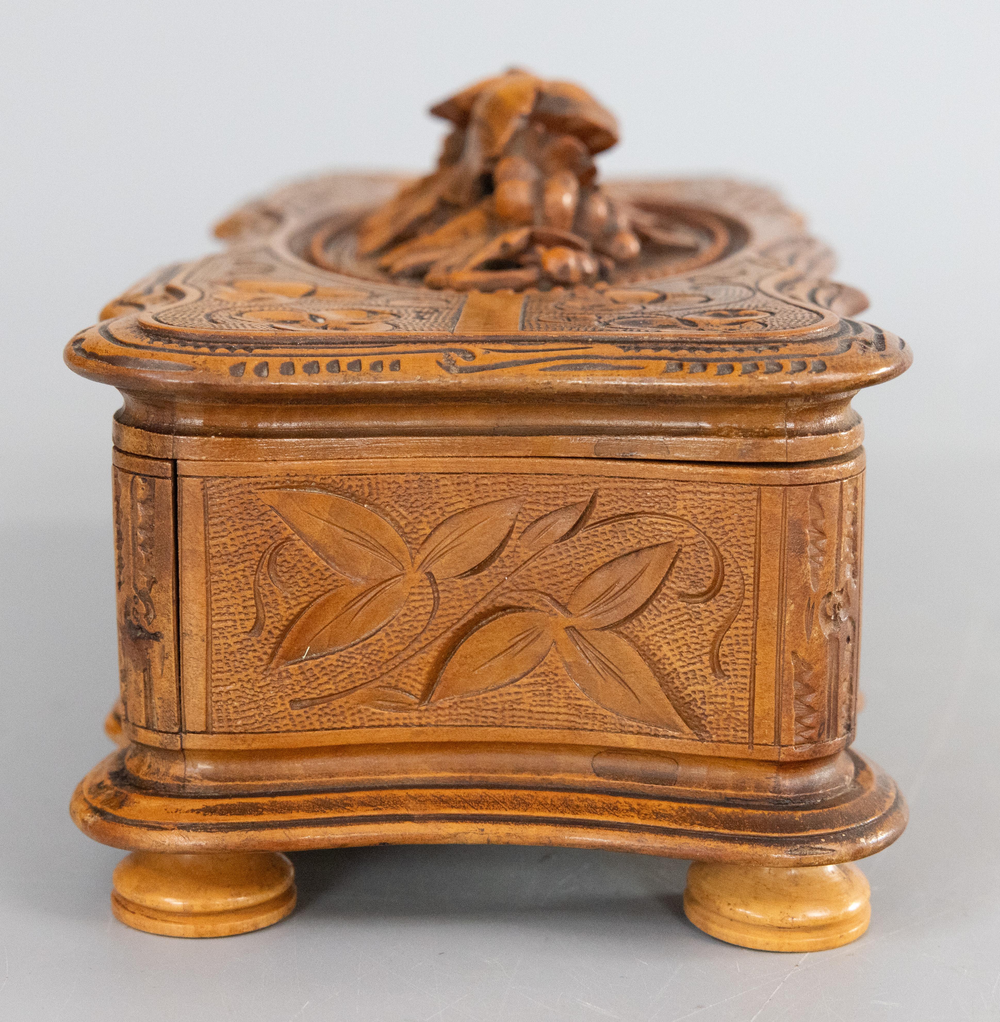 Velvet Antique 19th Century Swiss Black Forest Carved Box, Lock & Key For Sale