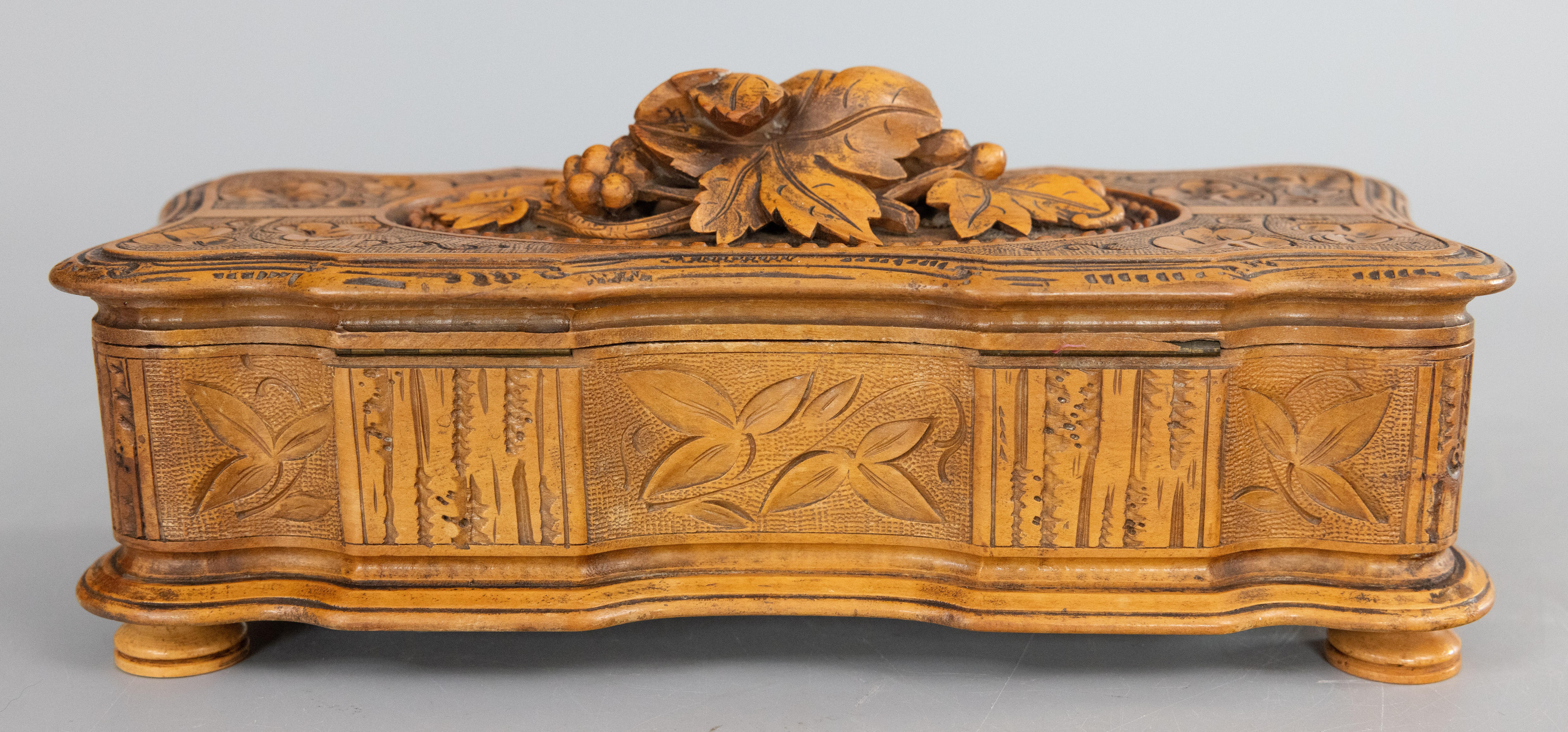 Antique 19th Century Swiss Black Forest Carved Box, Lock & Key For Sale 1