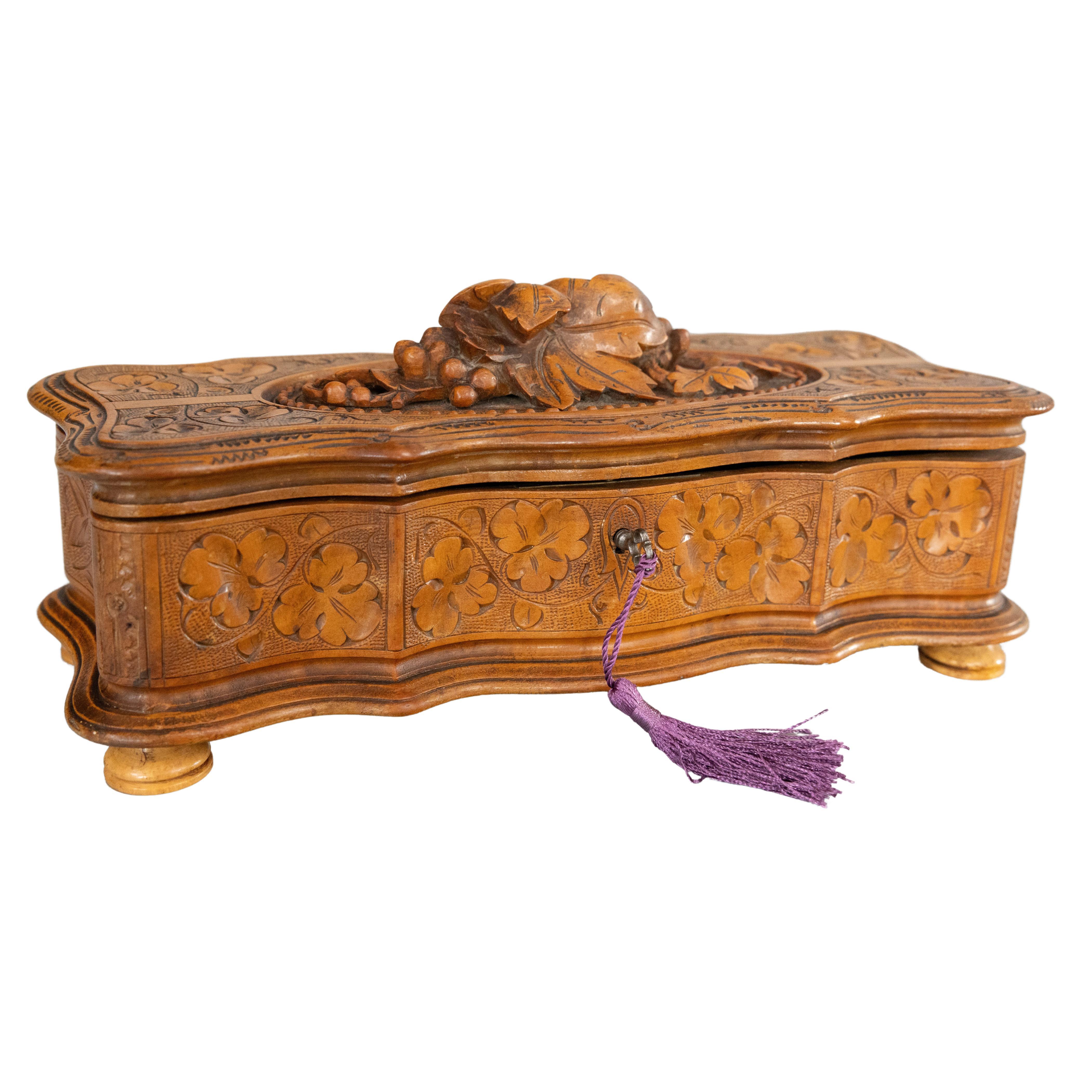 Antique 19th Century Swiss Black Forest Carved Box, Lock & Key