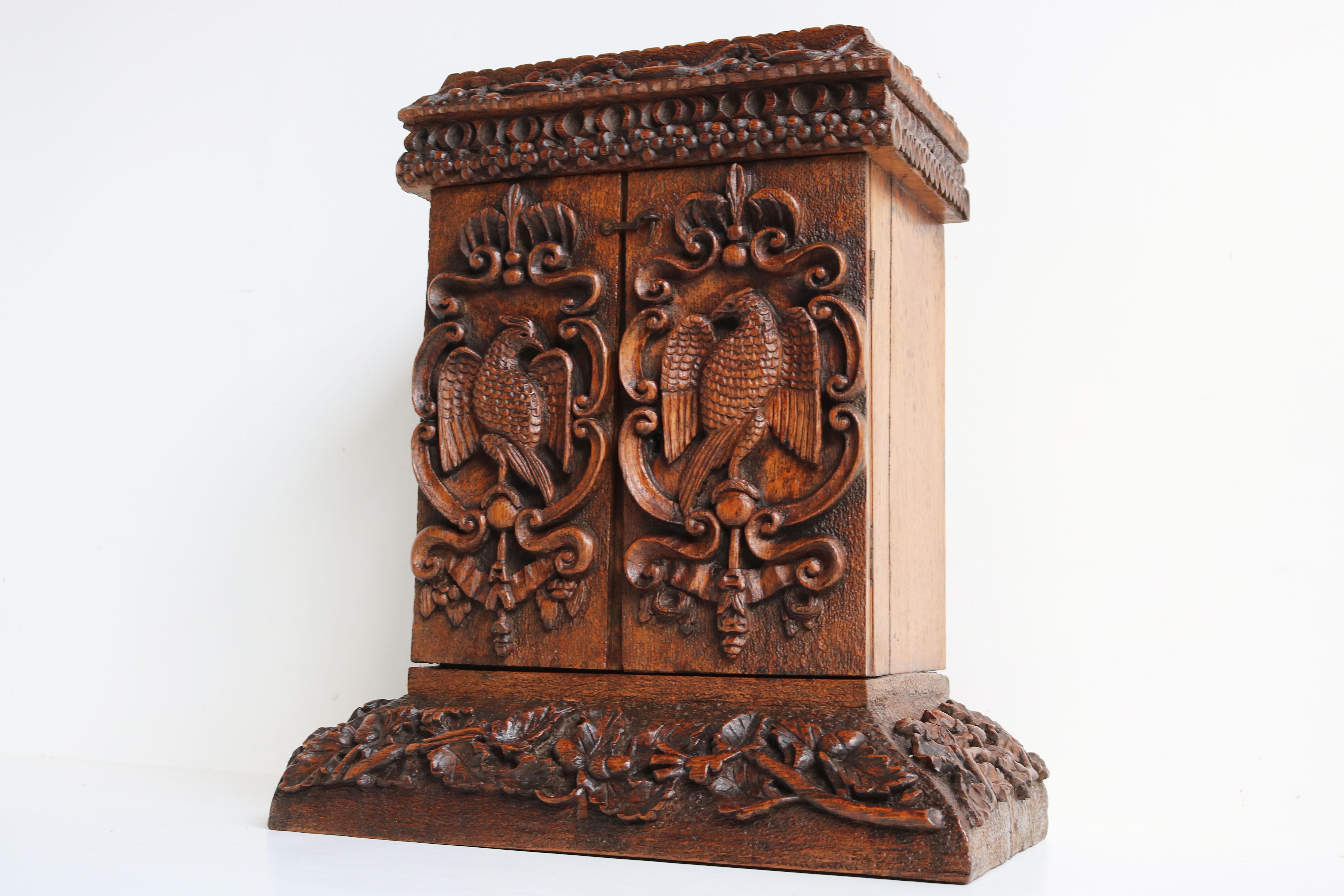 Antique 19th Century Swiss Black Forest Hanging Cabinet / Small Cabinet Oak Bird For Sale 3