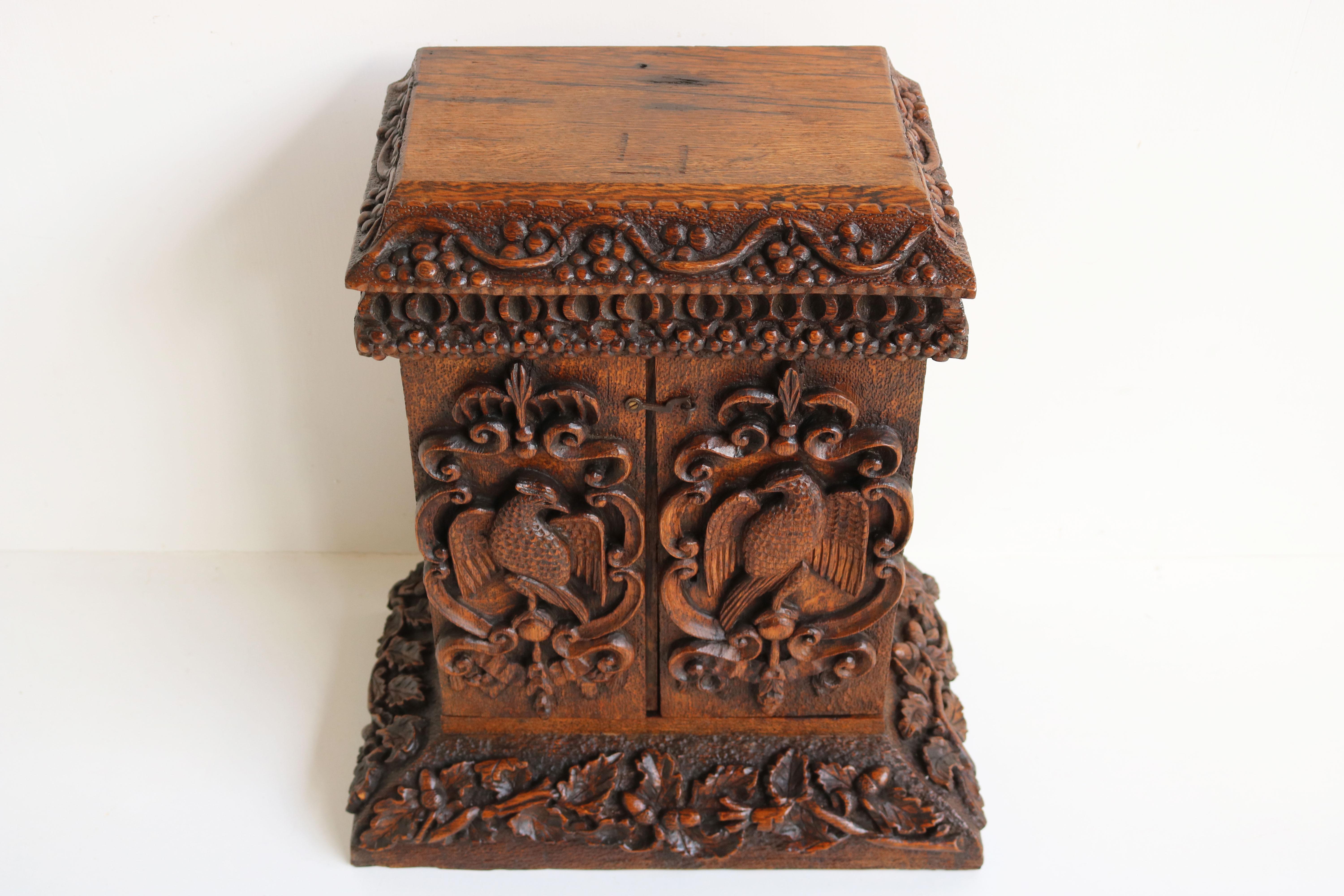 Late 19th Century Antique 19th Century Swiss Black Forest Hanging Cabinet / Small Cabinet Oak Bird For Sale
