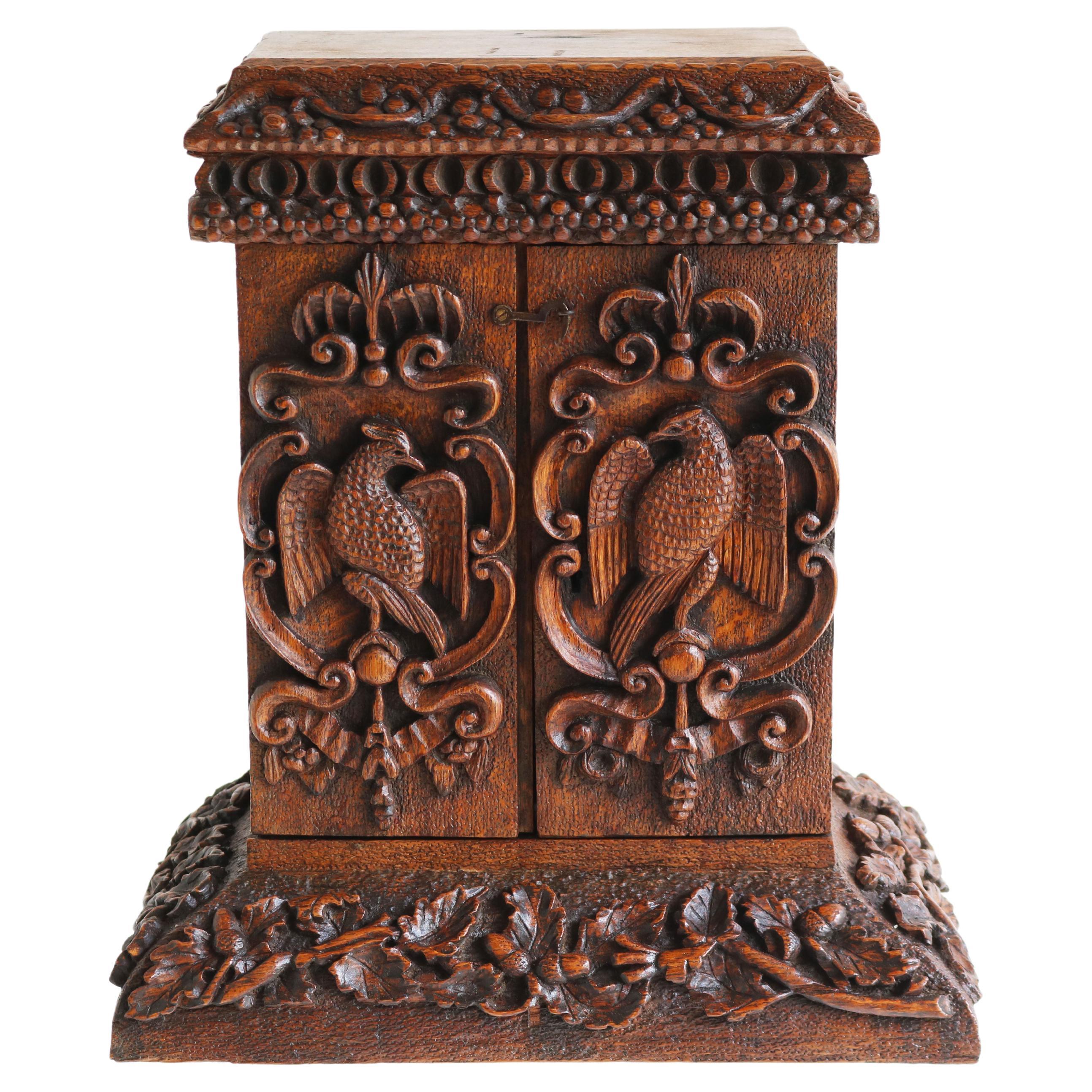 Antique 19th Century Swiss Black Forest Hanging Cabinet / Small Cabinet Oak Bird For Sale