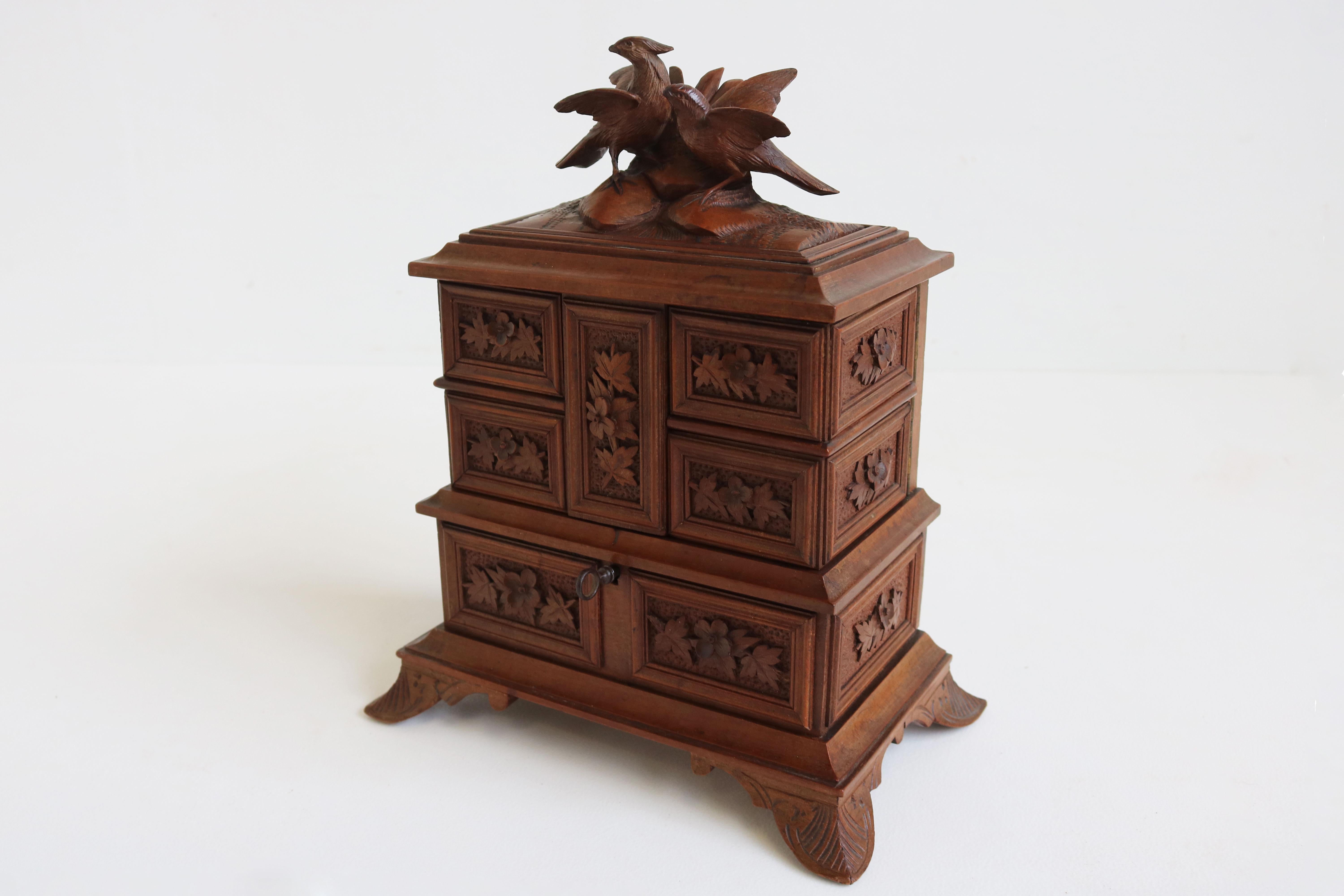 Fabric Antique 19th Century Swiss Black Forest Jewelry Box Fruitwood Birds Band Carved For Sale