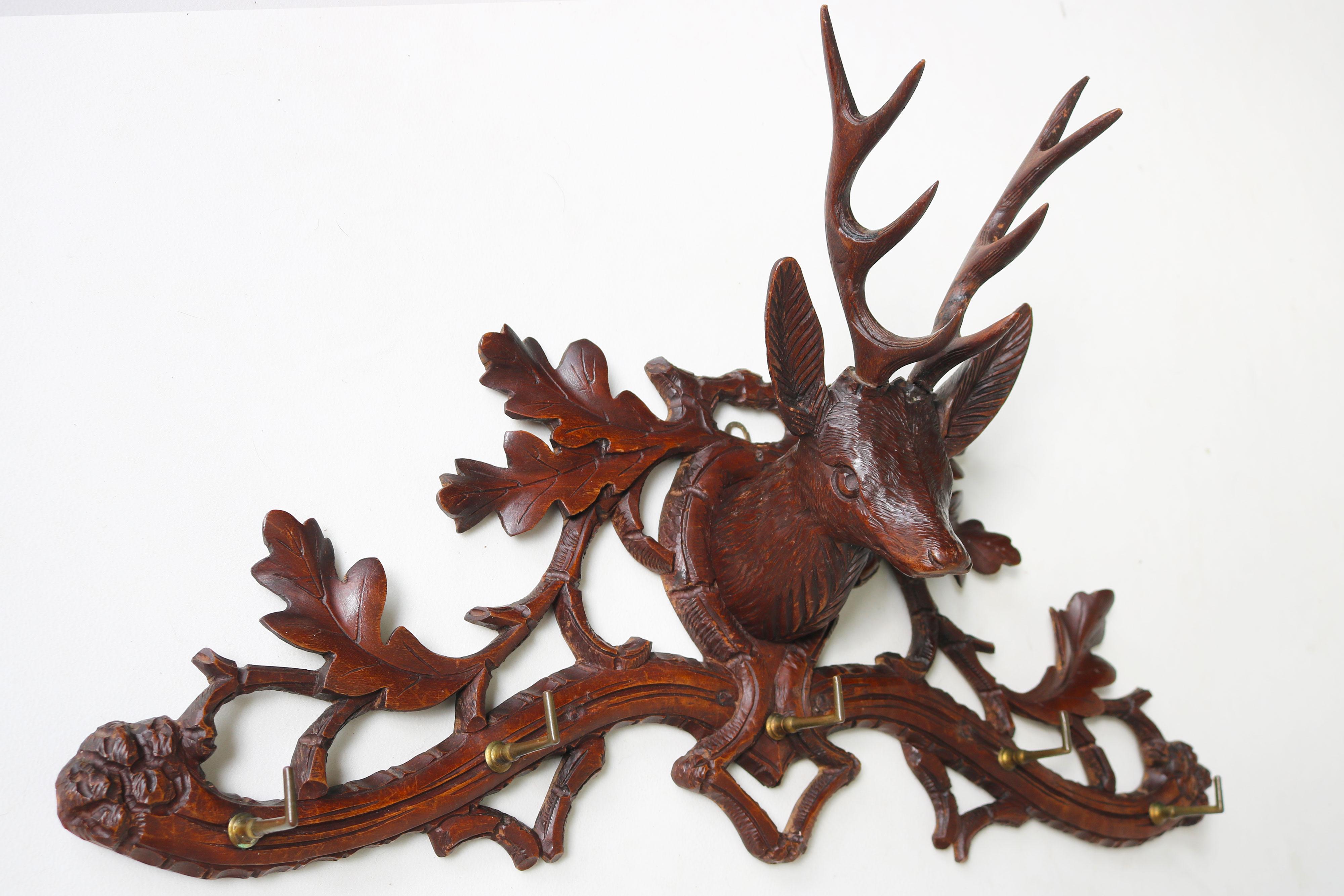 Hand-Carved Antique 19th Century Swiss Black Forest Stag Coat Rack / Hat Rack Carved Hallway For Sale