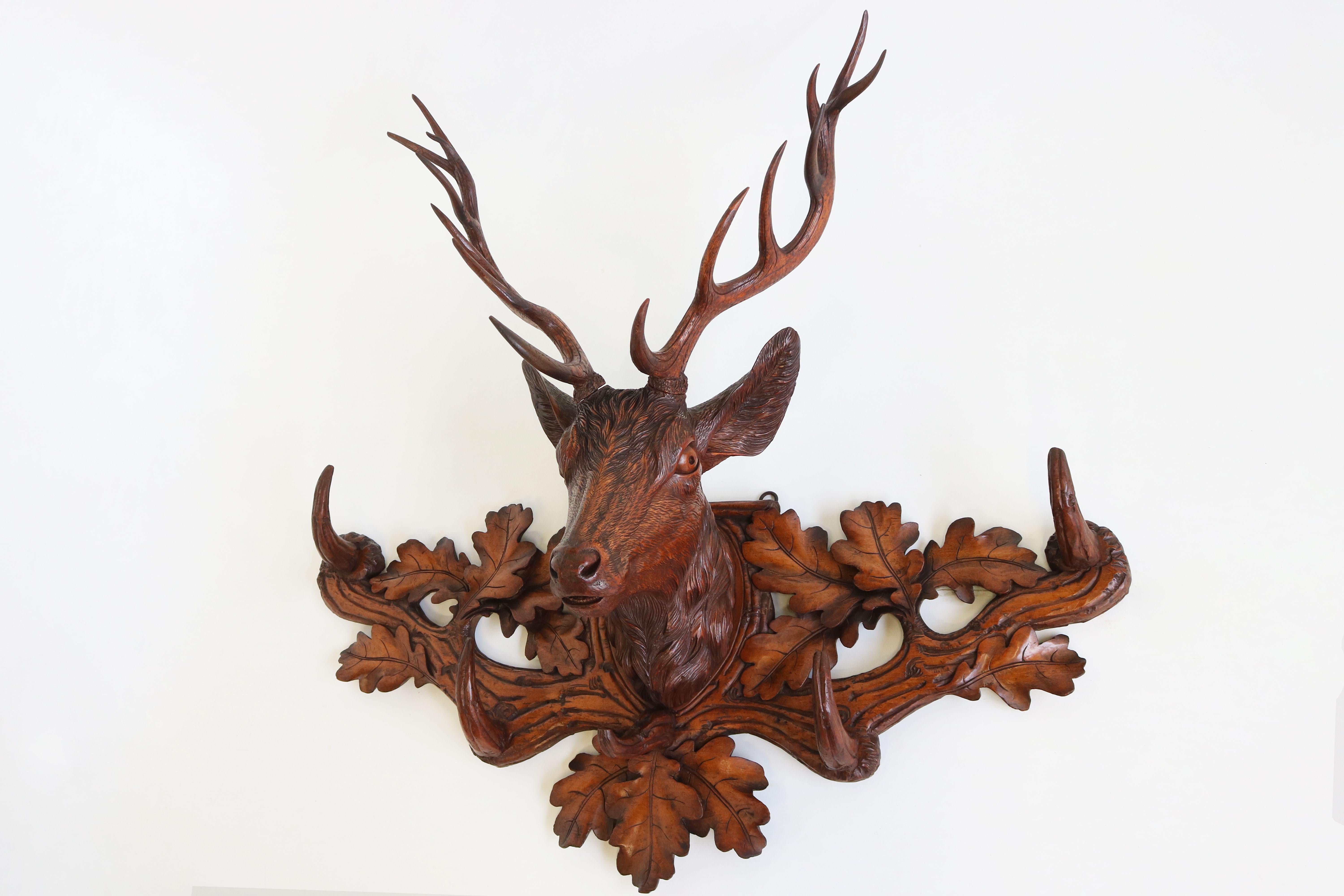 Late 19th Century Antique 19th Century Swiss Black Forest Stag Coat Rack / Hat Rack Carved Hallway