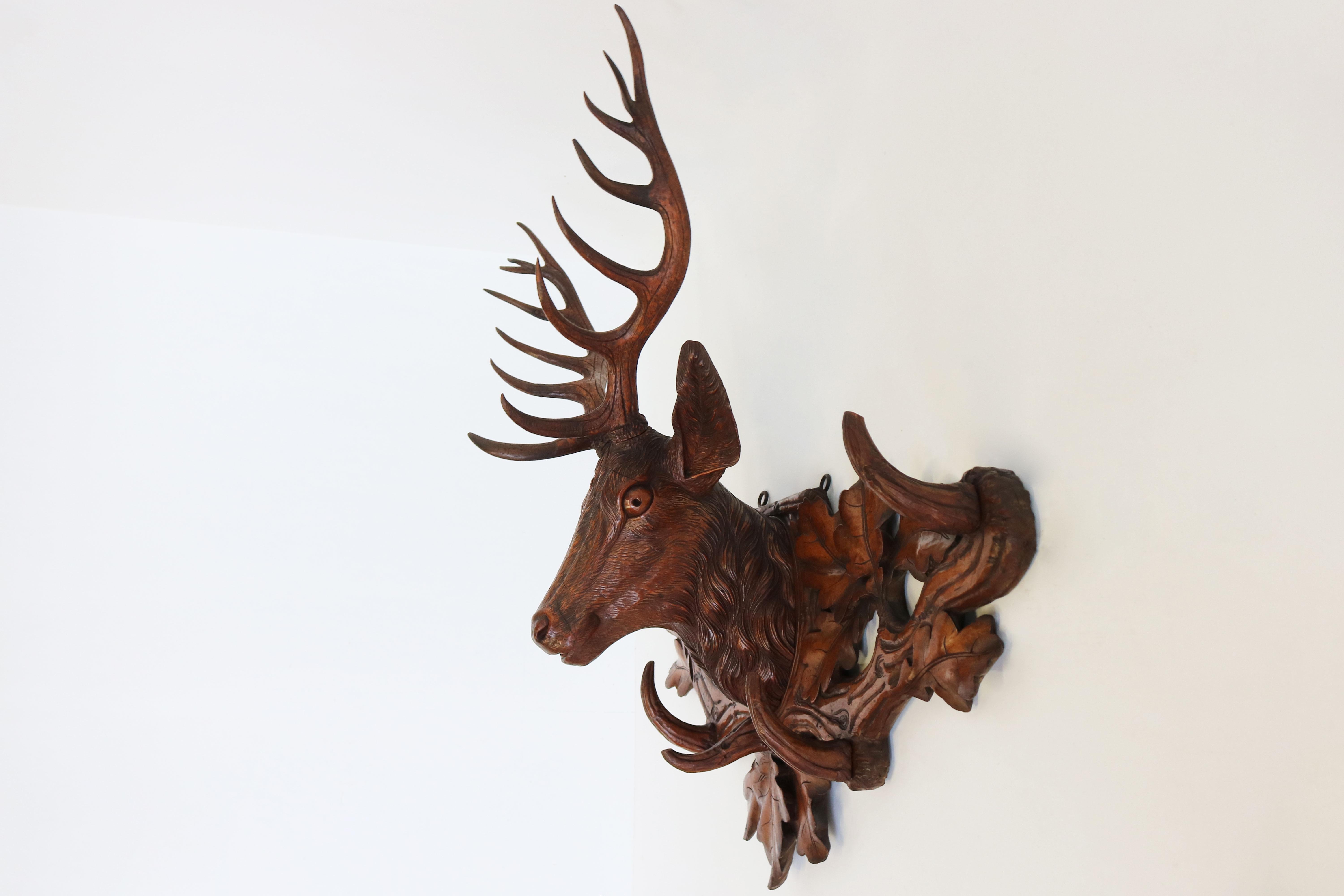 Wood Antique 19th Century Swiss Black Forest Stag Coat Rack / Hat Rack Carved Hallway
