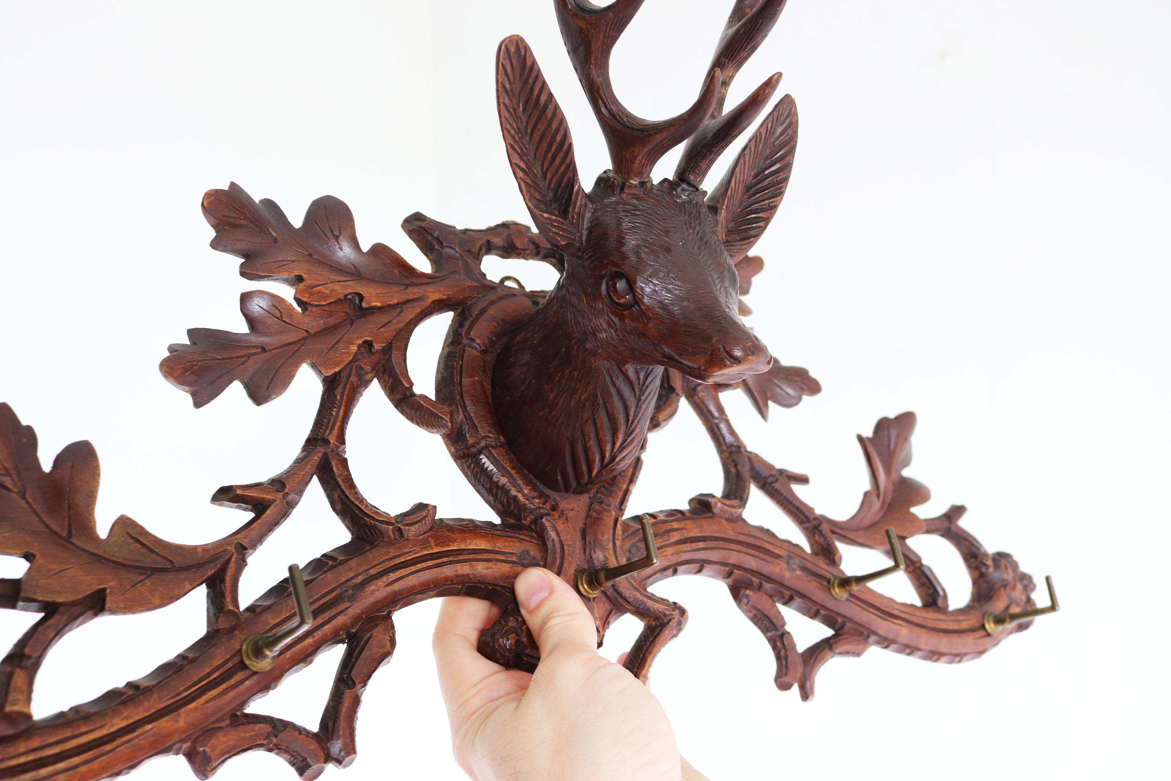 Antique 19th Century Swiss Black Forest Stag Coat Rack / Hat Rack Carved Hallway For Sale 4