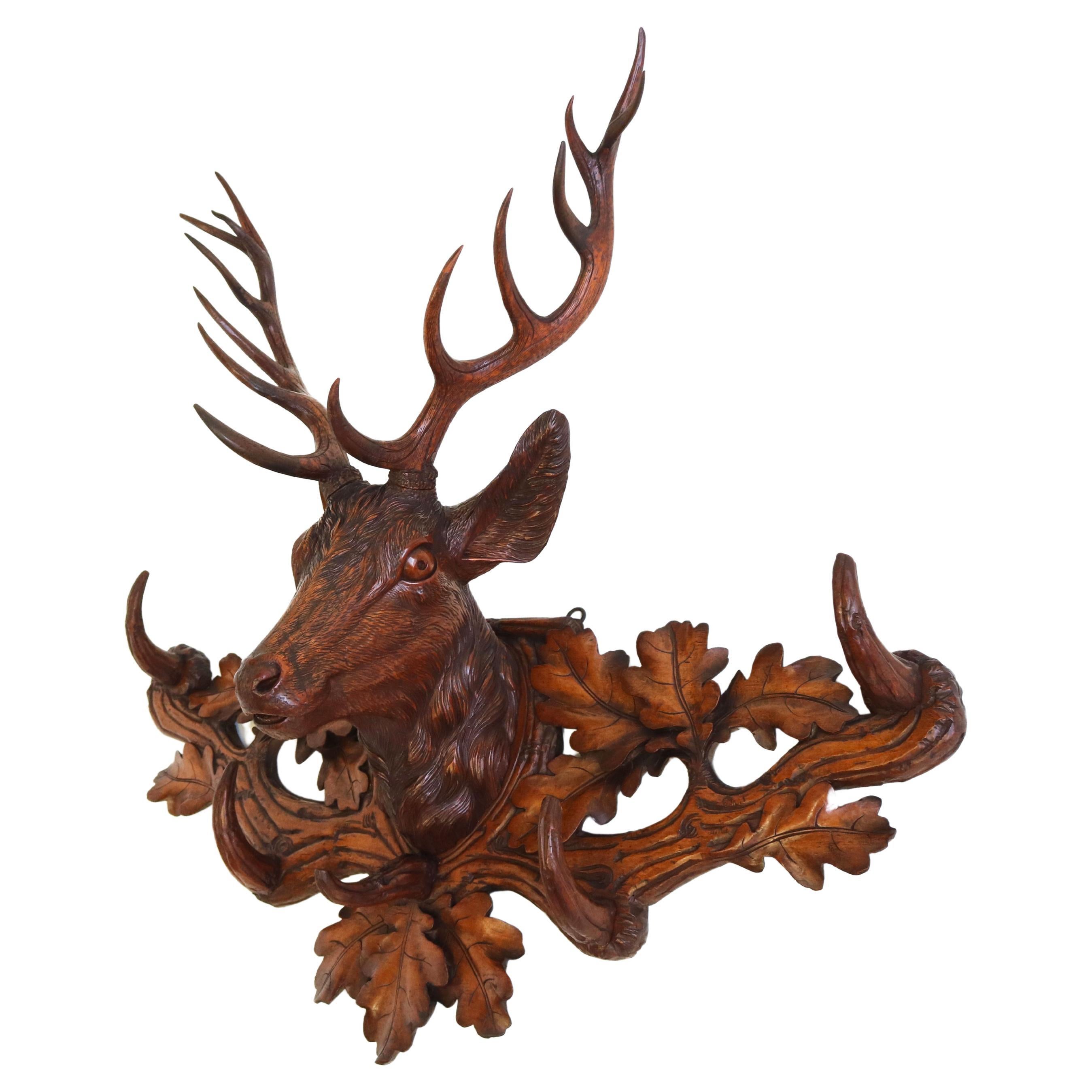 Antique 19th Century Swiss Black Forest Stag Coat Rack / Hat Rack Carved Hallway