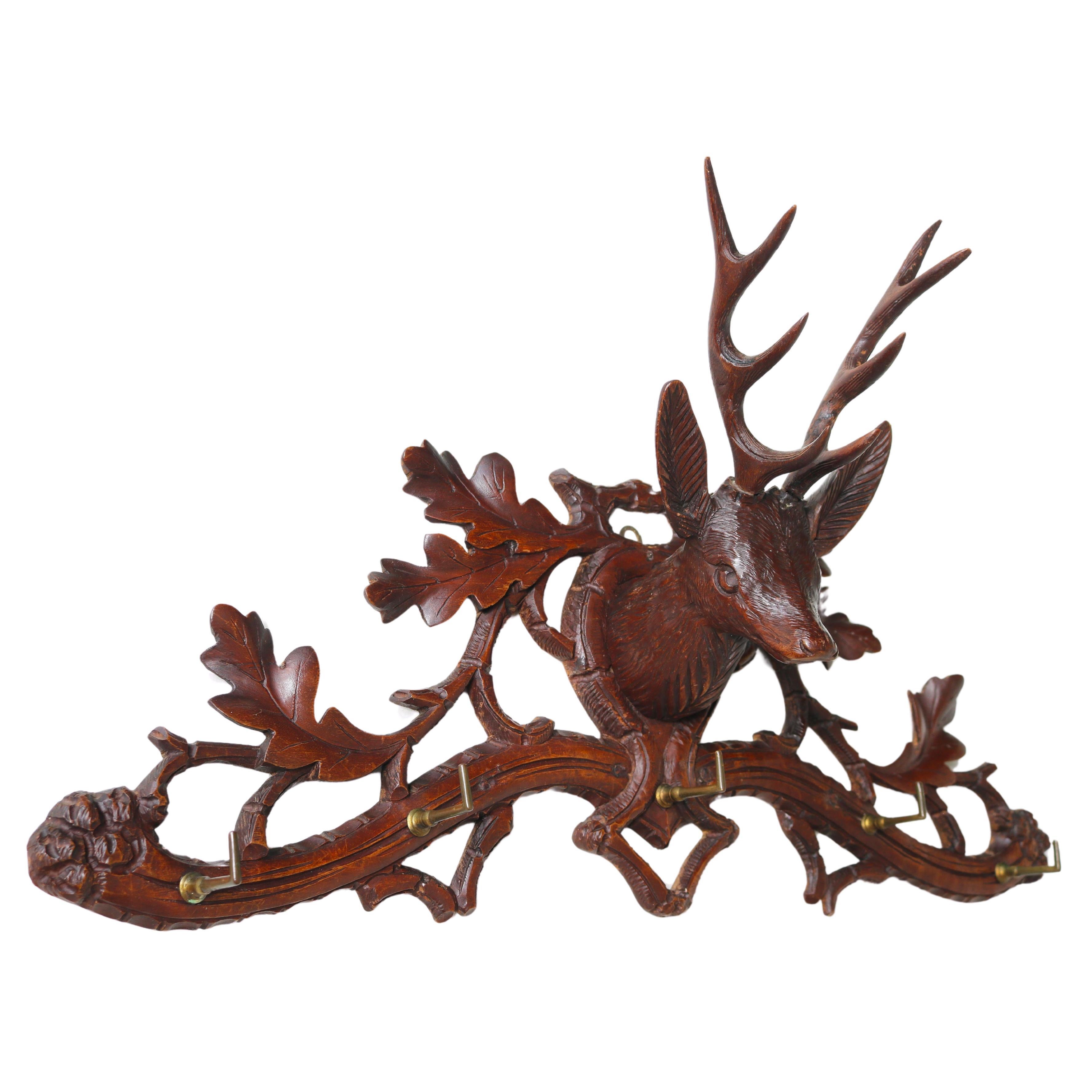 Antique 19th Century Swiss Black Forest Stag Coat Rack / Hat Rack Carved Hallway For Sale