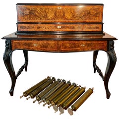 Antique 19th Century Swiss Burled Walnut Music Box on Stand with 10 Cylinders