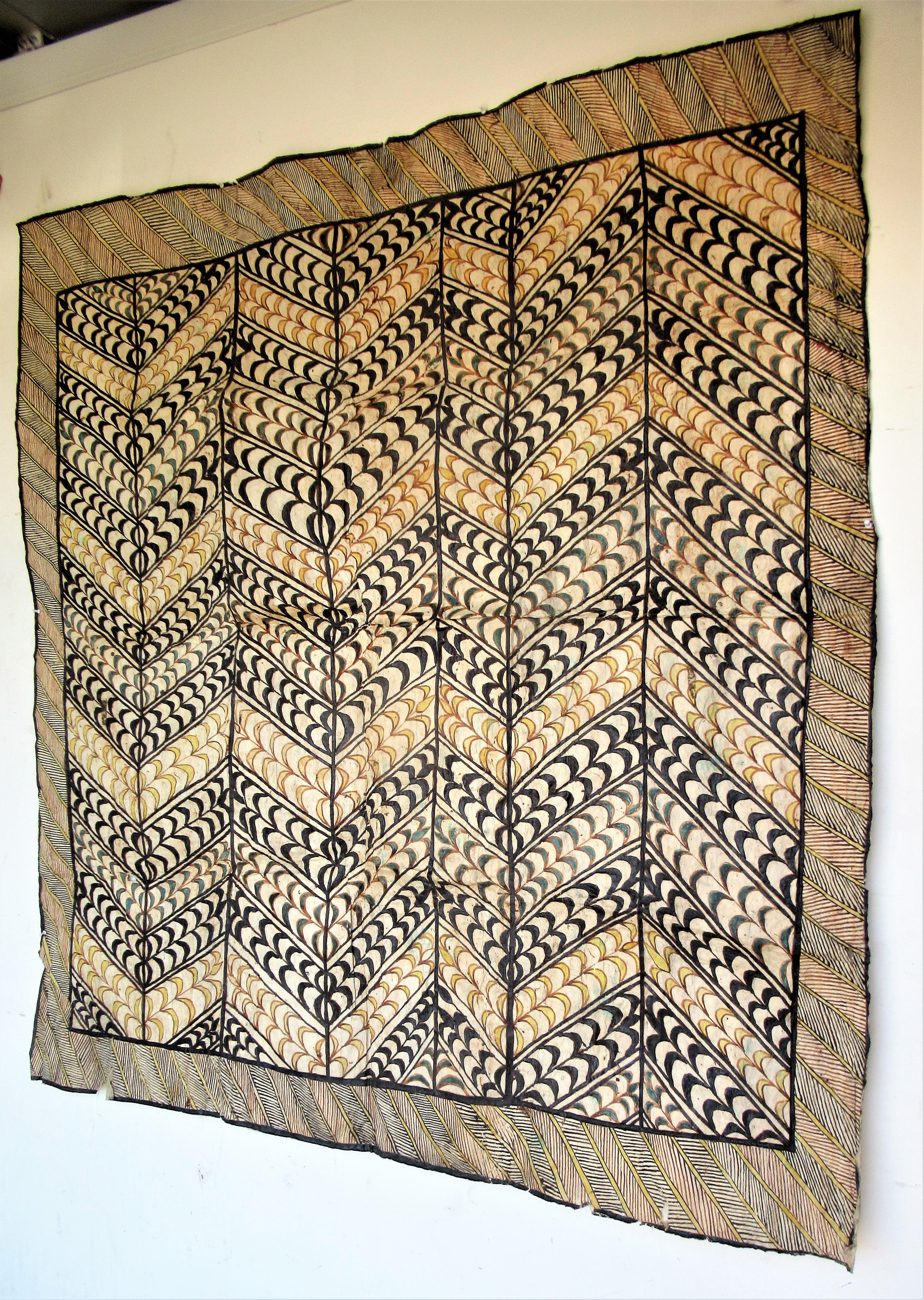 Antique natural fiber Tapa cloth with an exceptionally fine detailed design of hand painted beautifully aged vegetable pigment colors. This was handed down in the family of and first collected by William L. Buchanan ( 1852 - 1909 ) Diplomat of the